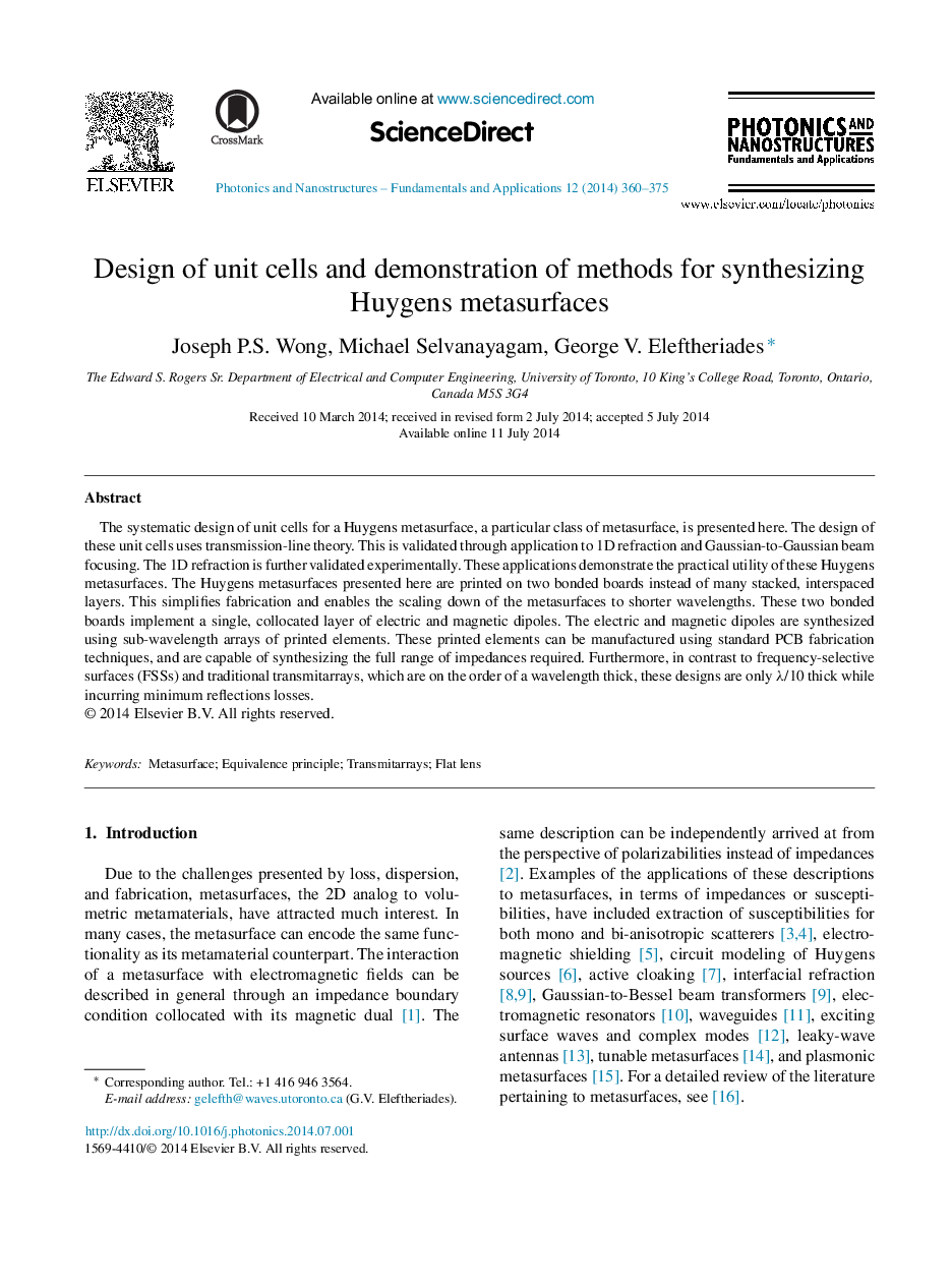 Design of unit cells and demonstration of methods for synthesizing Huygens metasurfaces