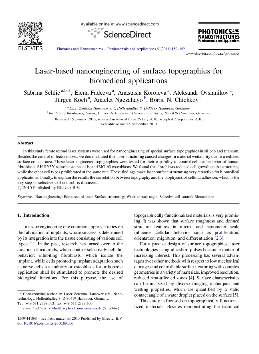 Laser-based nanoengineering of surface topographies for biomedical applications