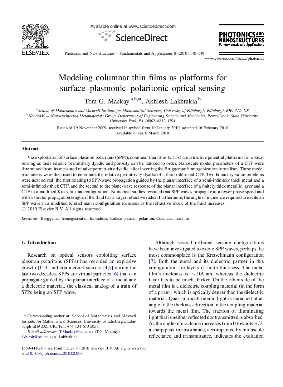 Modeling columnar thin films as platforms for surface–plasmonic–polaritonic optical sensing