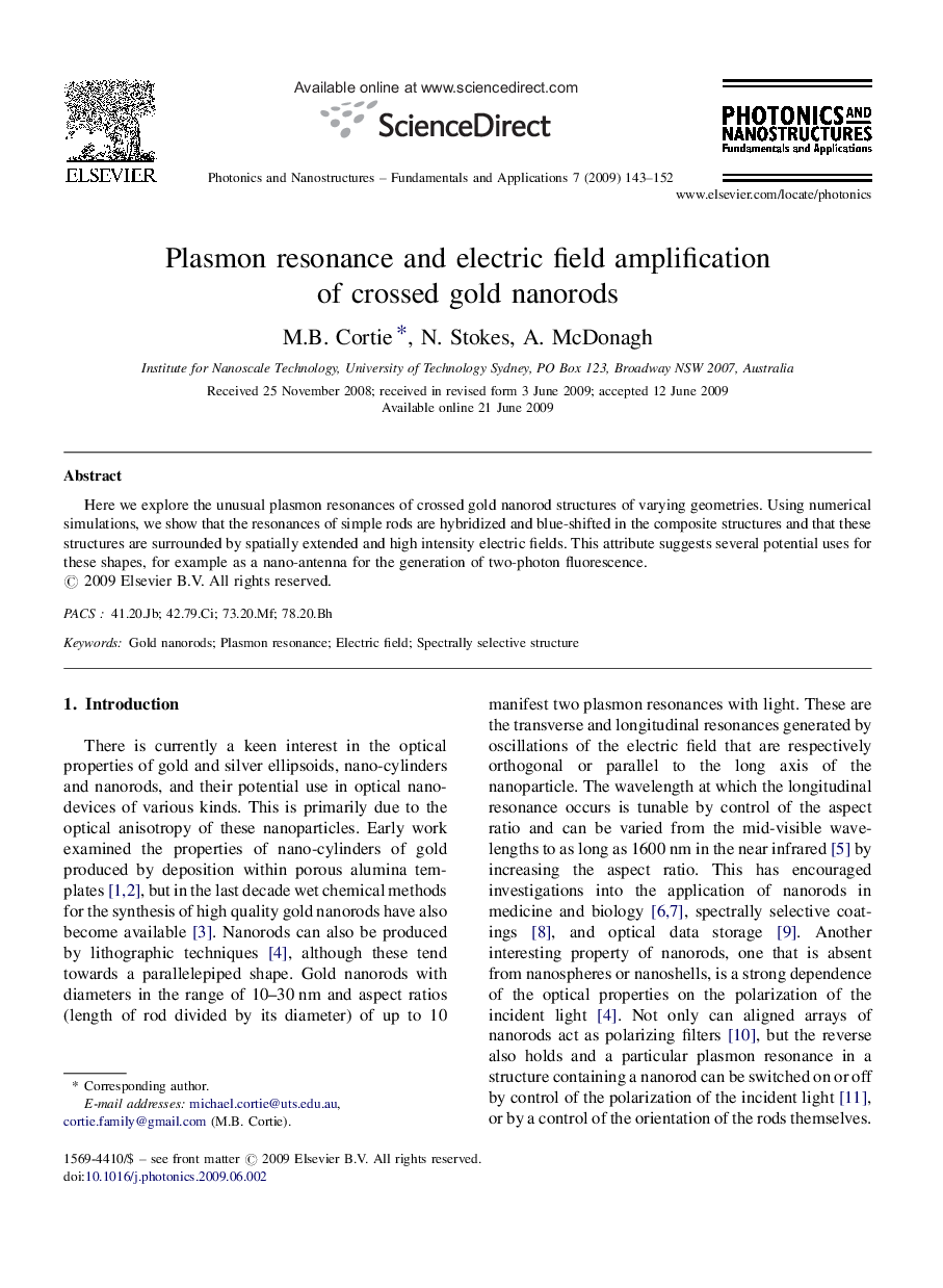 Plasmon resonance and electric field amplification of crossed gold nanorods