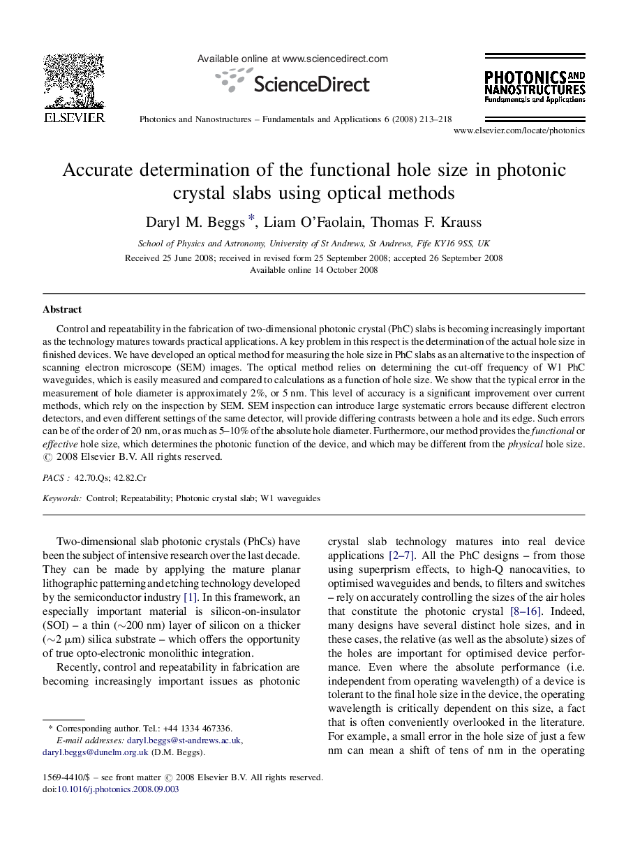 Accurate determination of the functional hole size in photonic crystal slabs using optical methods