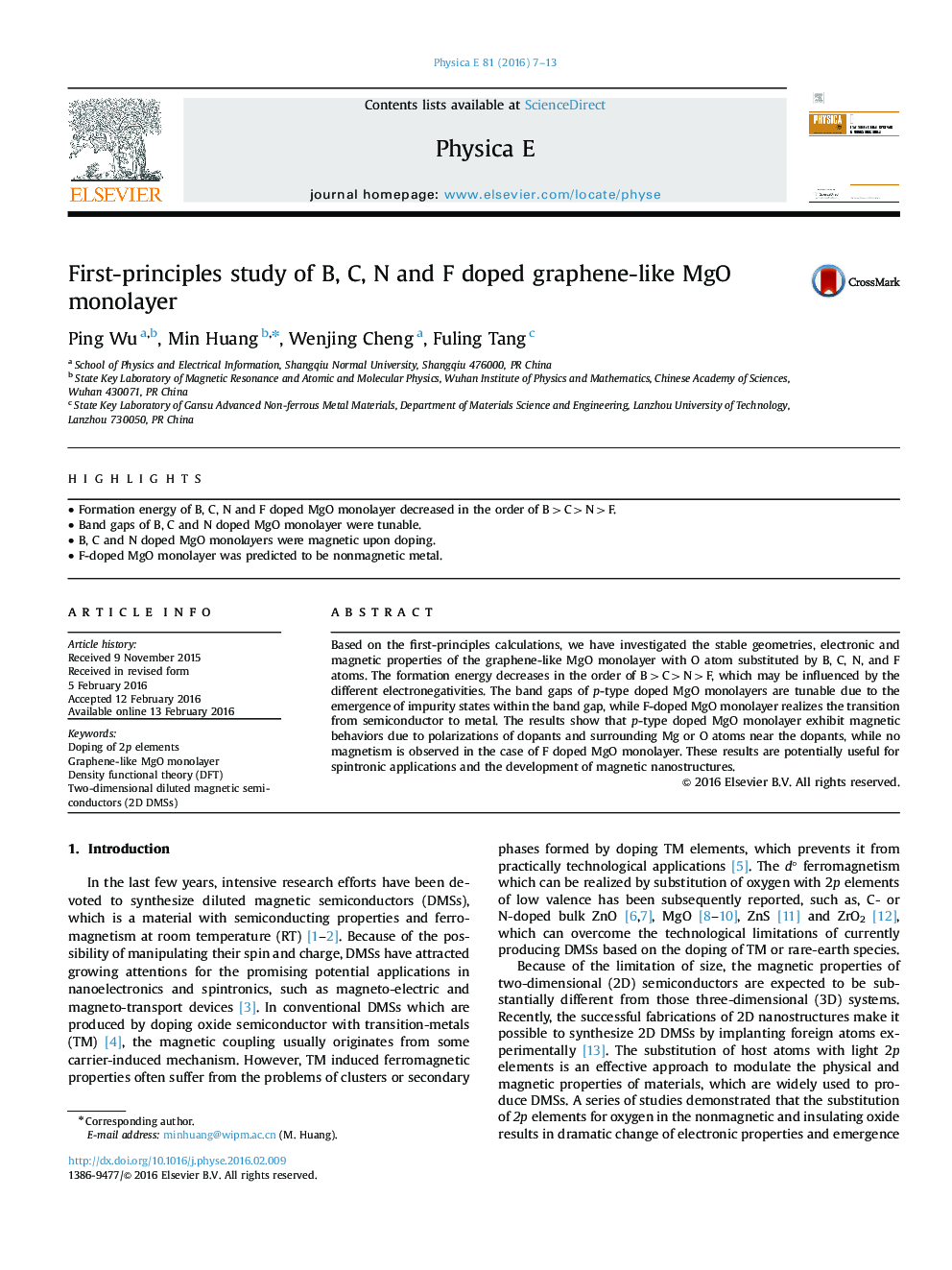 First-principles study of B, C, N and F doped graphene-like MgO monolayer