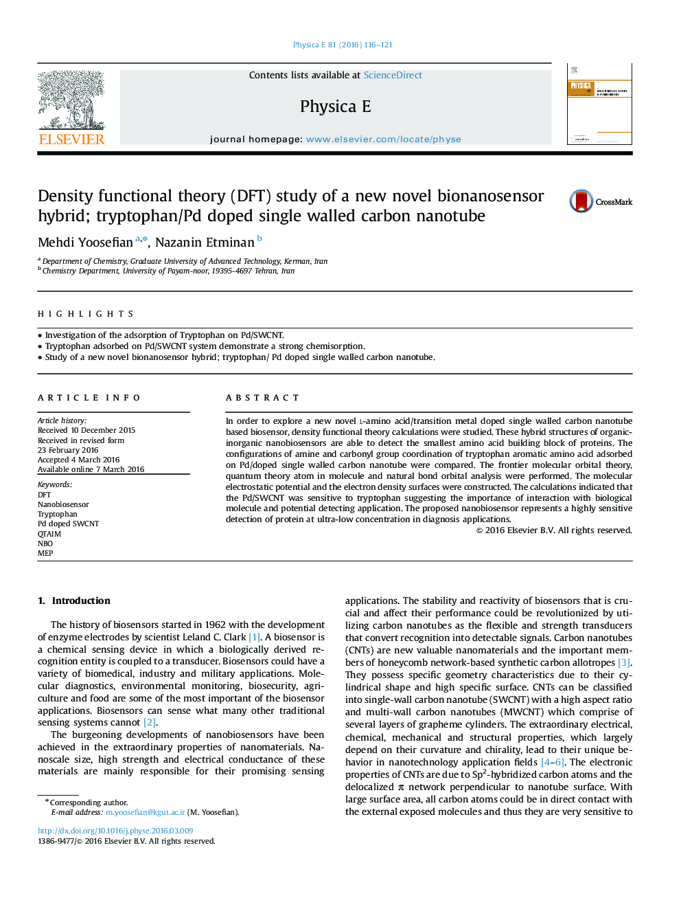 Density functional theory (DFT) study of a new novel bionanosensor hybrid; tryptophan/Pd doped single walled carbon nanotube