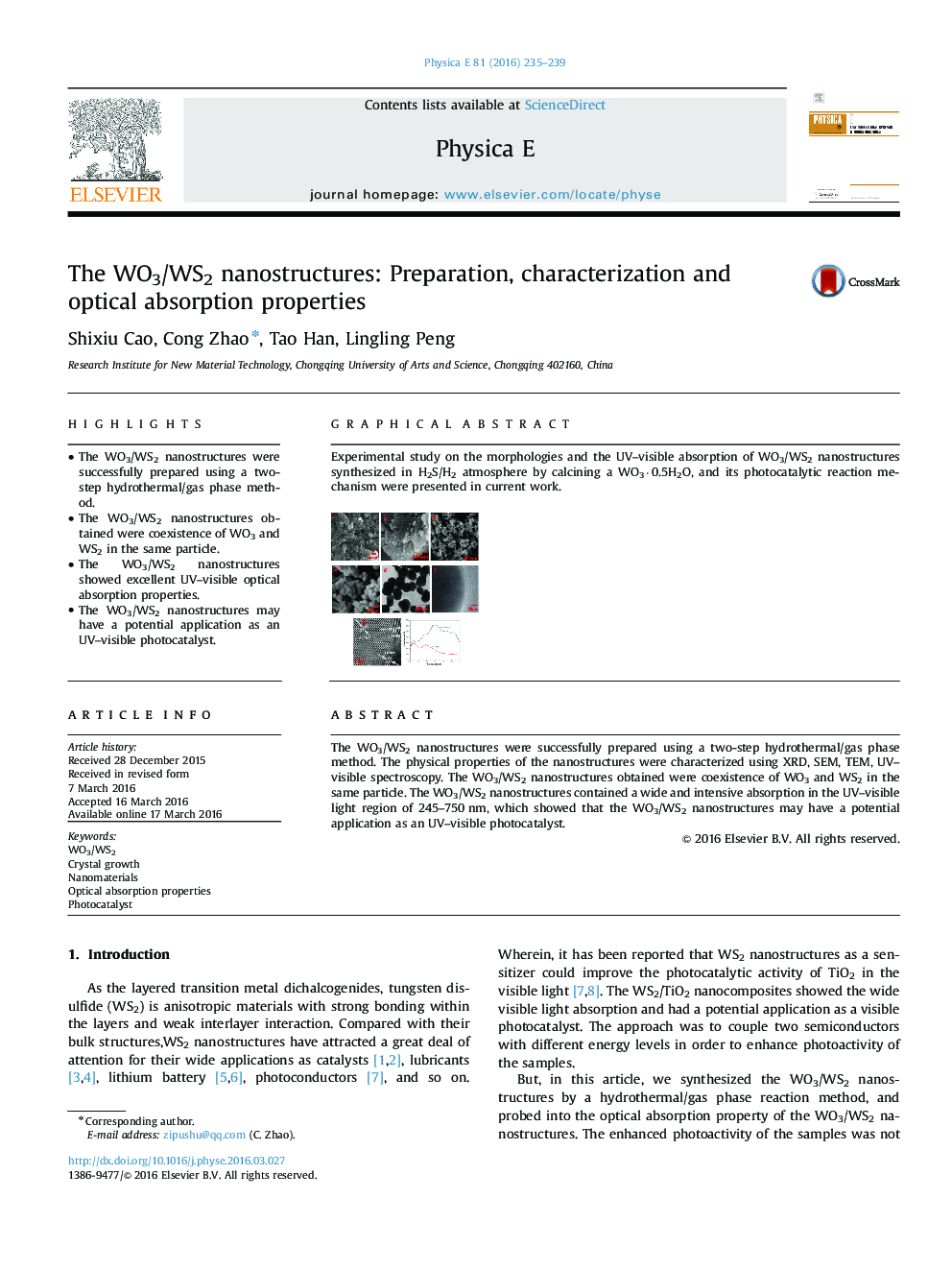 The WO3/WS2 nanostructures: Preparation, characterization and optical absorption properties