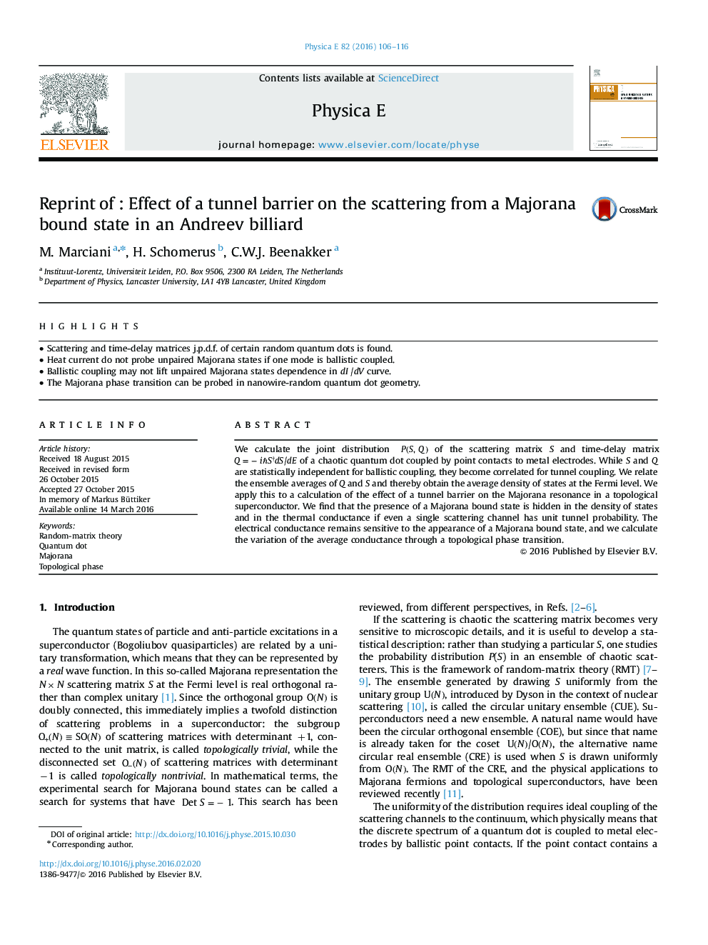 Reprint of : Effect of a tunnel barrier on the scattering from a Majorana bound state in an Andreev billiard