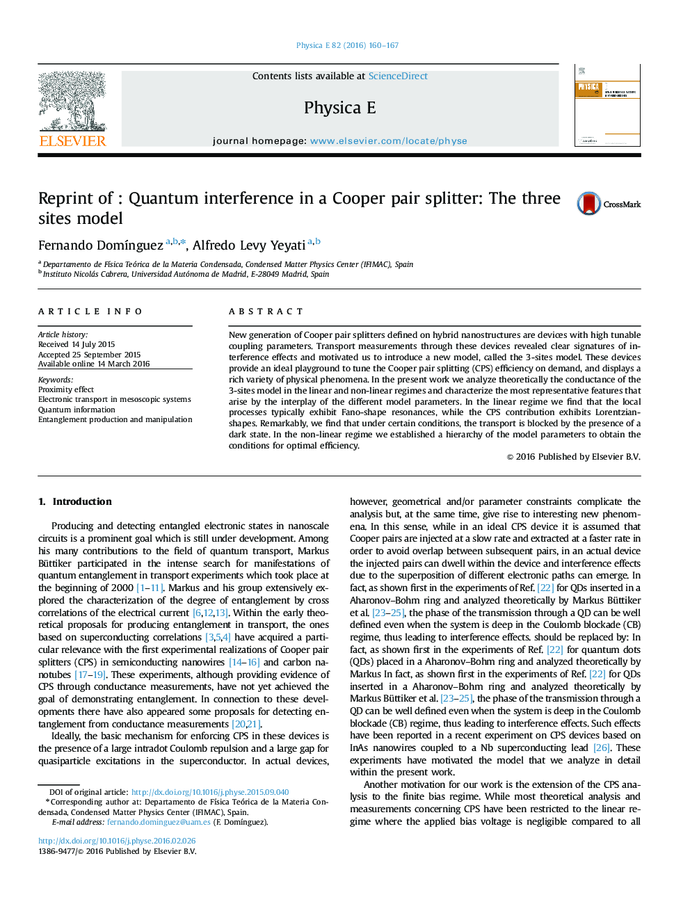 Reprint of : Quantum interference in a Cooper pair splitter: The three sites model