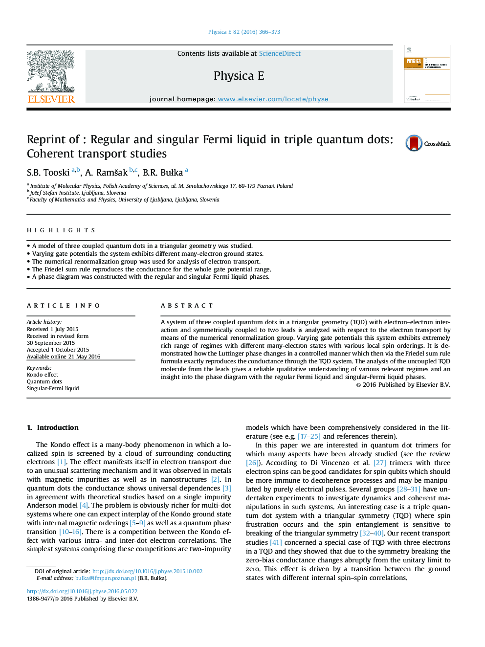 Reprint of : Regular and singular Fermi liquid in triple quantum dots: Coherent transport studies