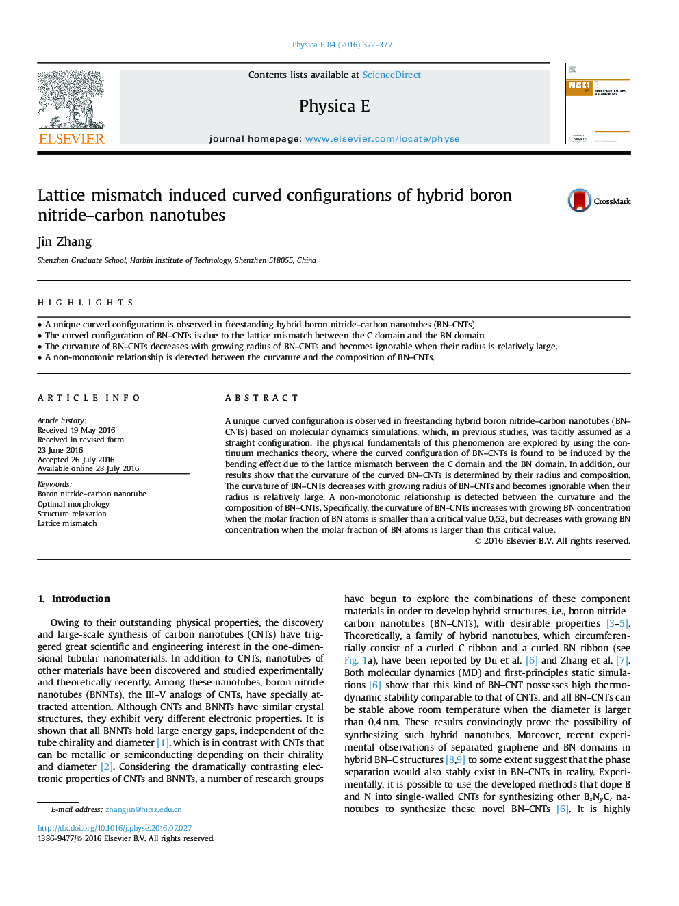 Lattice mismatch induced curved configurations of hybrid boron nitride–carbon nanotubes