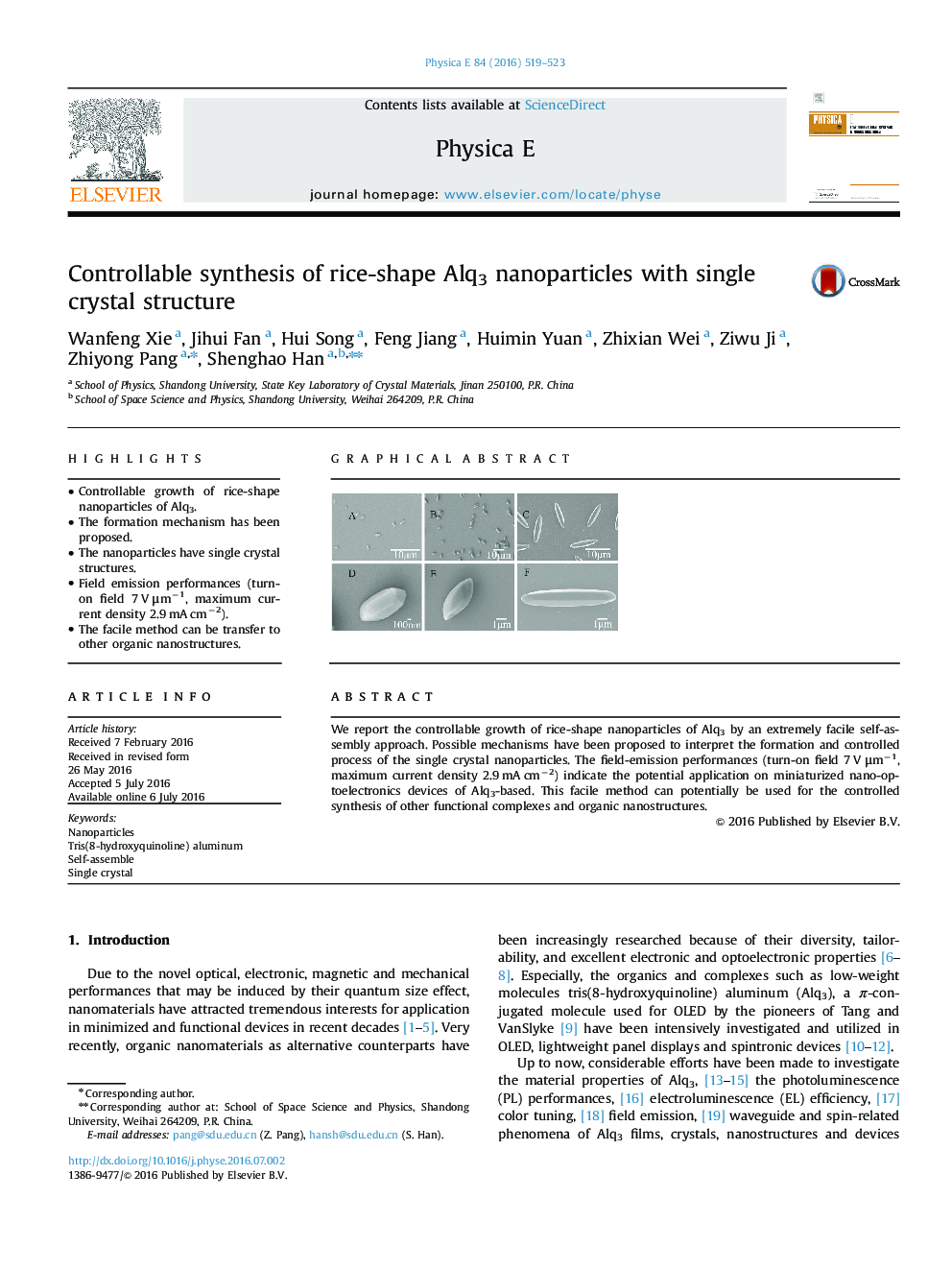 Controllable synthesis of rice-shape Alq3 nanoparticles with single crystal structure