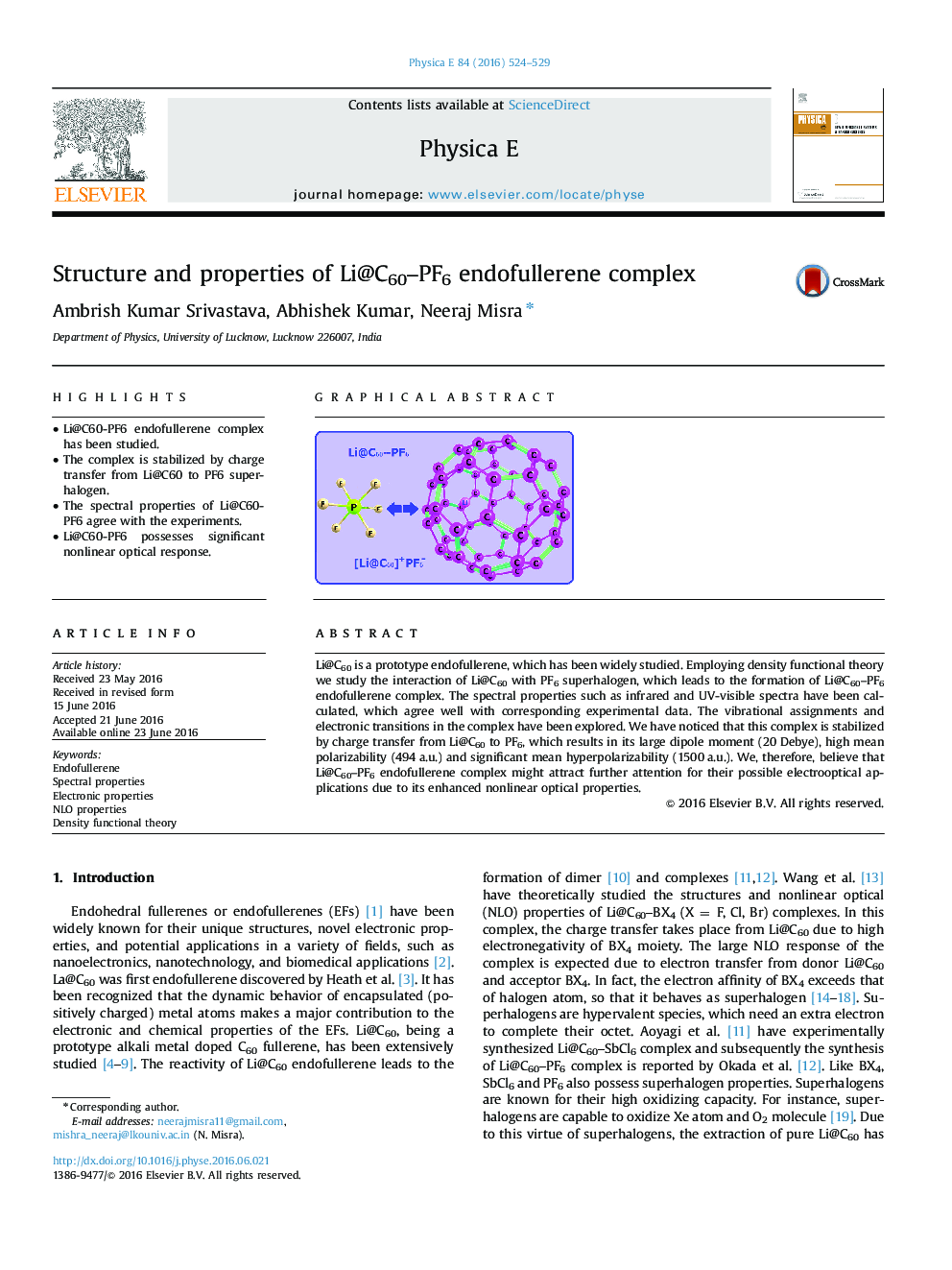 Structure and properties of Li@C60–PF6 endofullerene complex