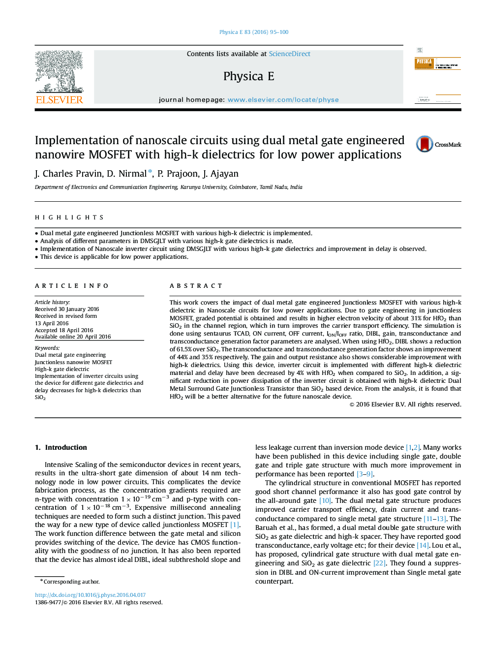 Implementation of nanoscale circuits using dual metal gate engineered nanowire MOSFET with high-k dielectrics for low power applications