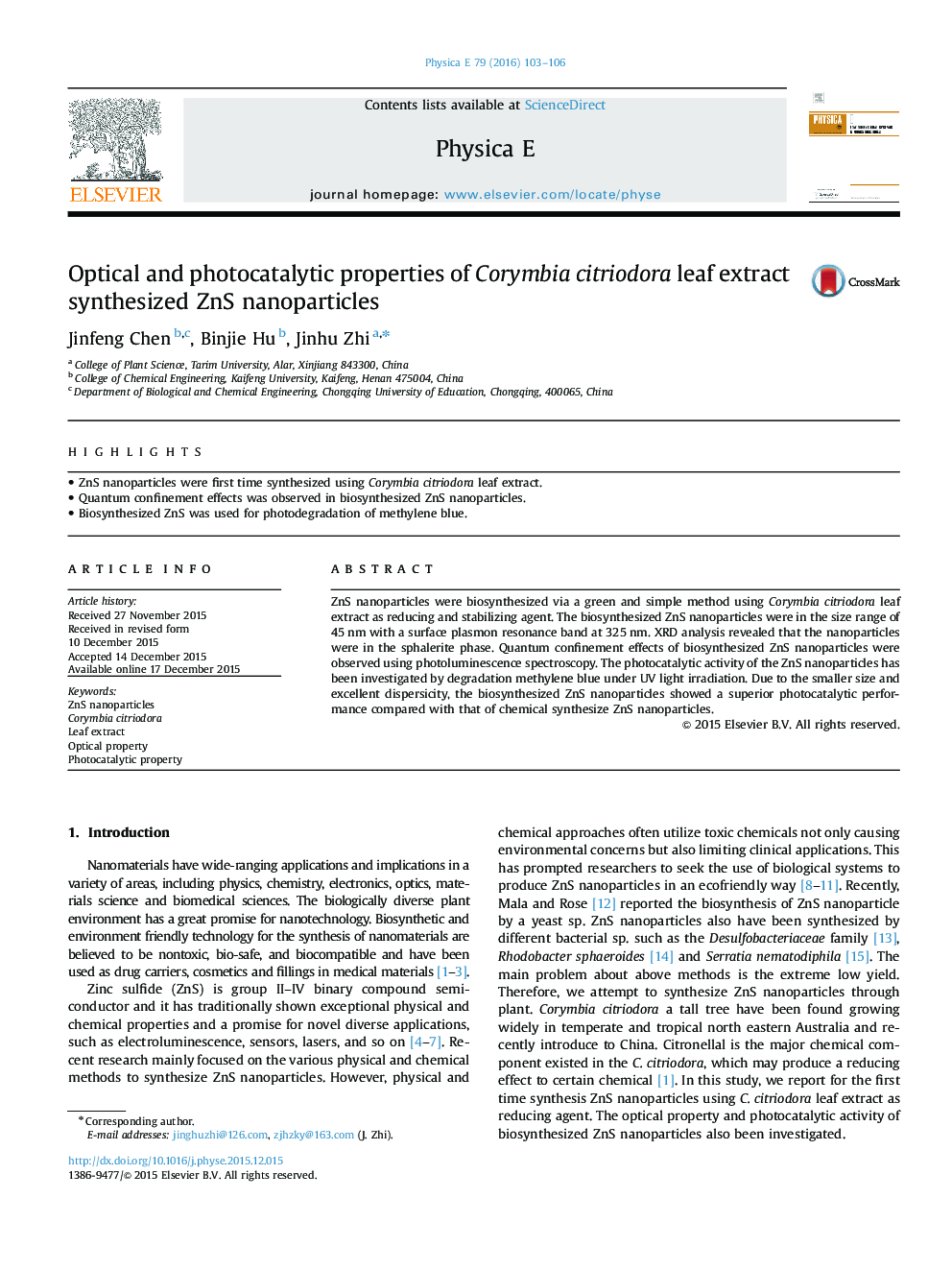 Optical and photocatalytic properties of Corymbia citriodora leaf extract synthesized ZnS nanoparticles