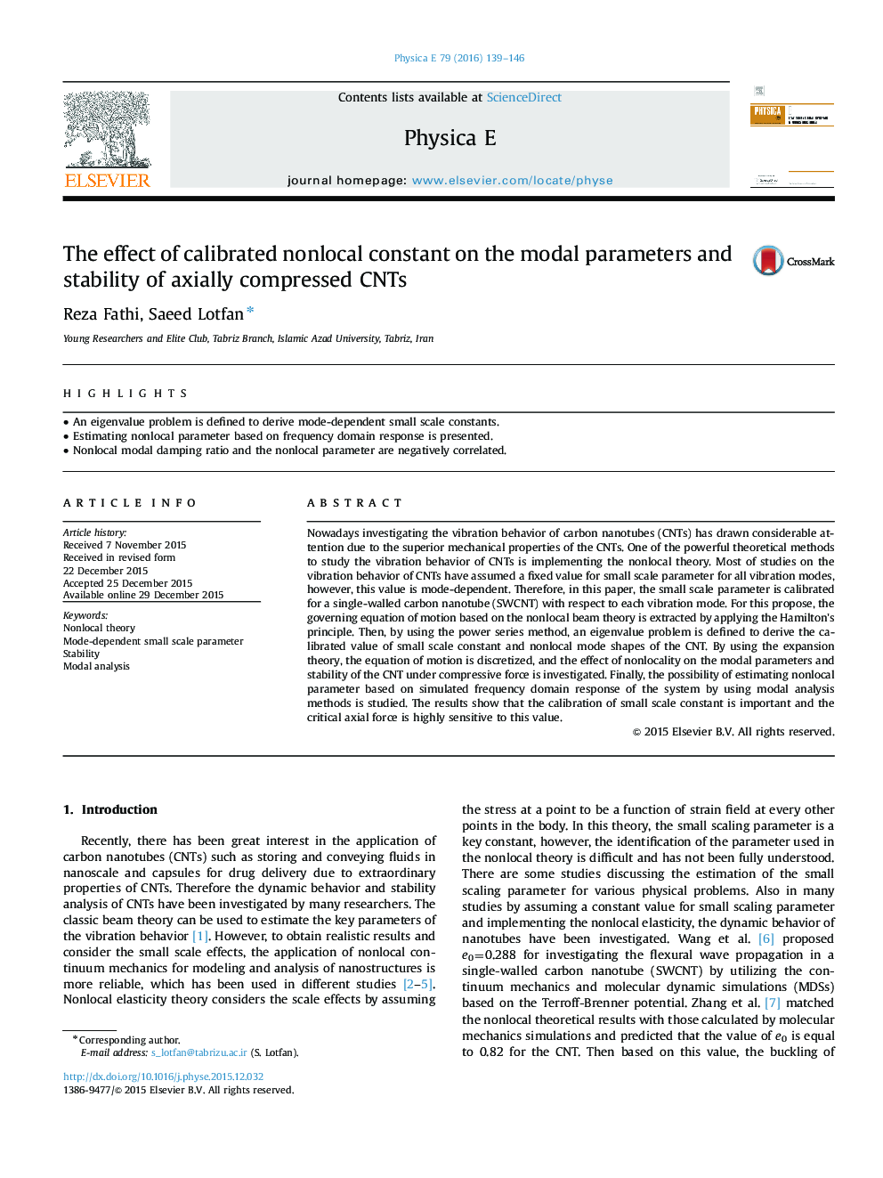 The effect of calibrated nonlocal constant on the modal parameters and stability of axially compressed CNTs