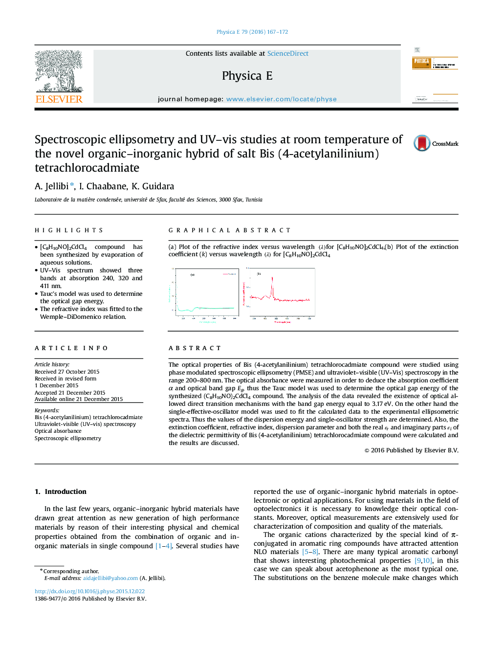 Spectroscopic ellipsometry and UV–vis studies at room temperature of the novel organic–inorganic hybrid of salt Bis (4-acetylanilinium) tetrachlorocadmiate