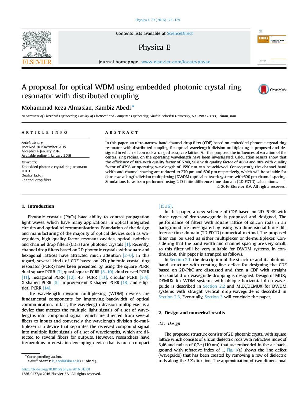 A proposal for optical WDM using embedded photonic crystal ring resonator with distributed coupling