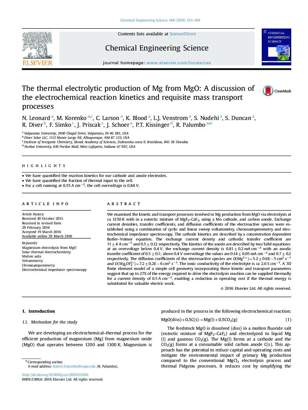 The thermal electrolytic production of Mg from MgO: A discussion of the electrochemical reaction kinetics and requisite mass transport processes