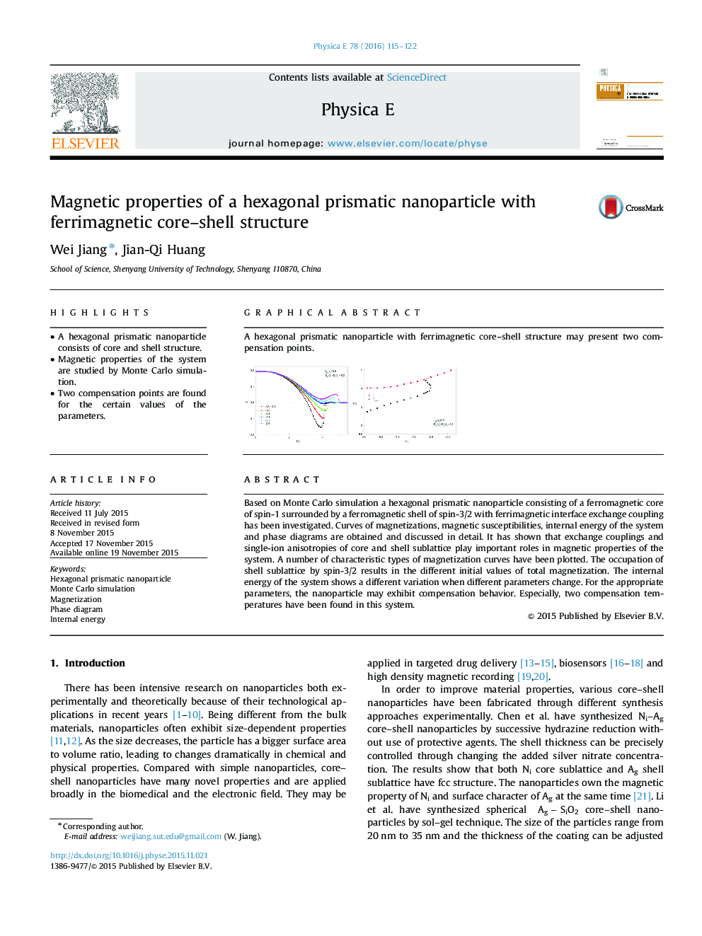 Magnetic properties of a hexagonal prismatic nanoparticle with ferrimagnetic core-shell structure