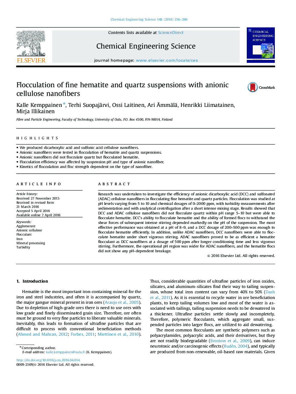 Flocculation of fine hematite and quartz suspensions with anionic cellulose nanofibers