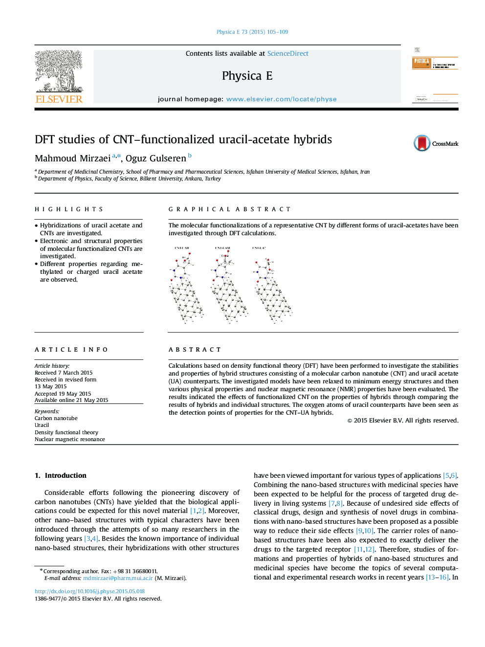 DFT studies of CNT–functionalized uracil-acetate hybrids