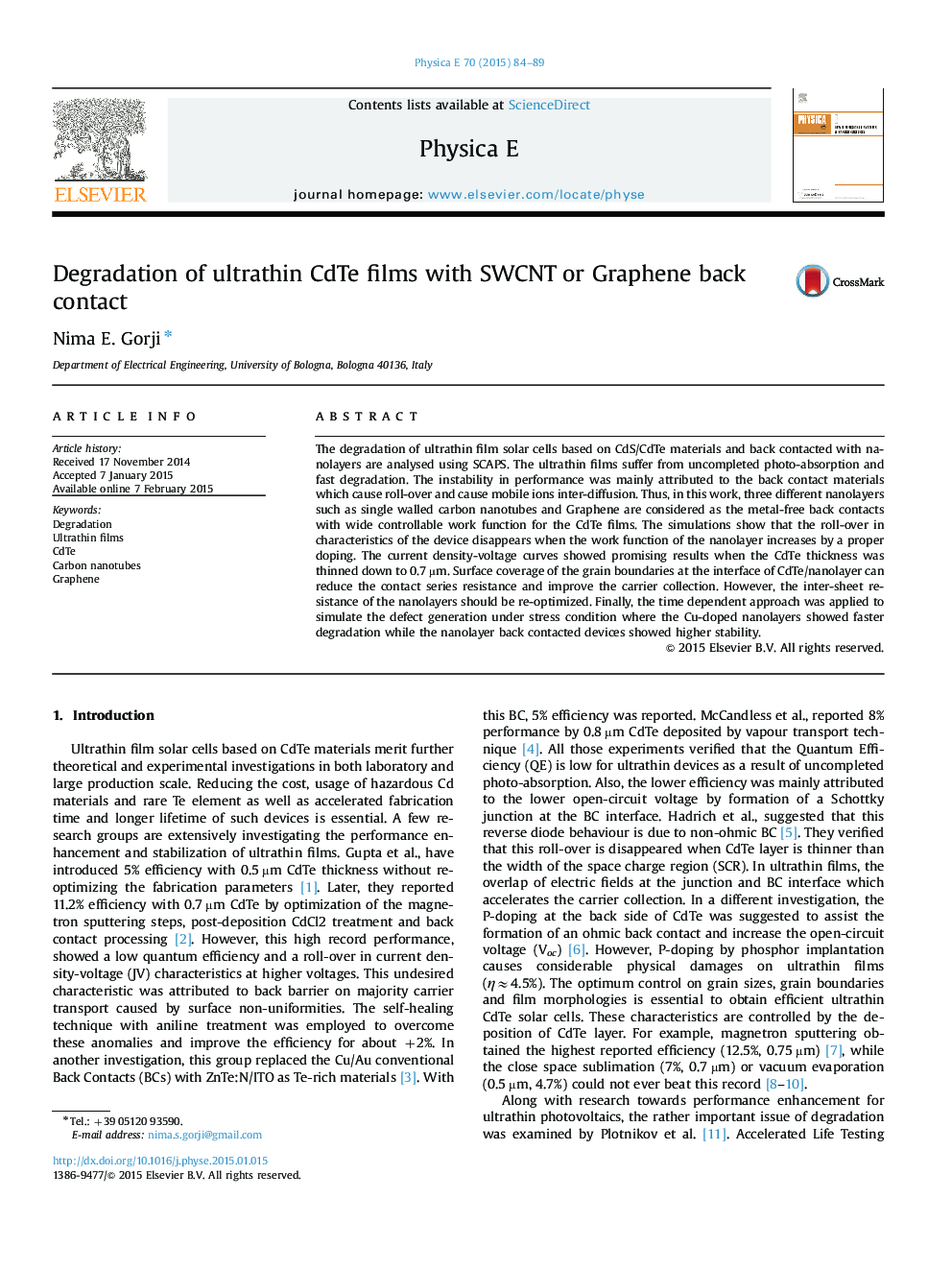 Degradation of ultrathin CdTe films with SWCNT or Graphene back contact