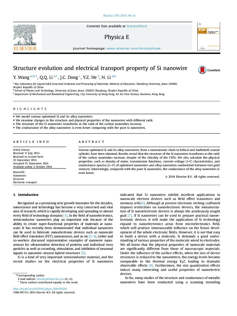 Structure evolution and electrical transport property of Si nanowire