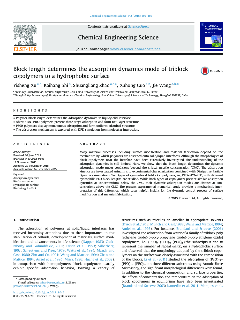 Block length determines the adsorption dynamics mode of triblock copolymers to a hydrophobic surface