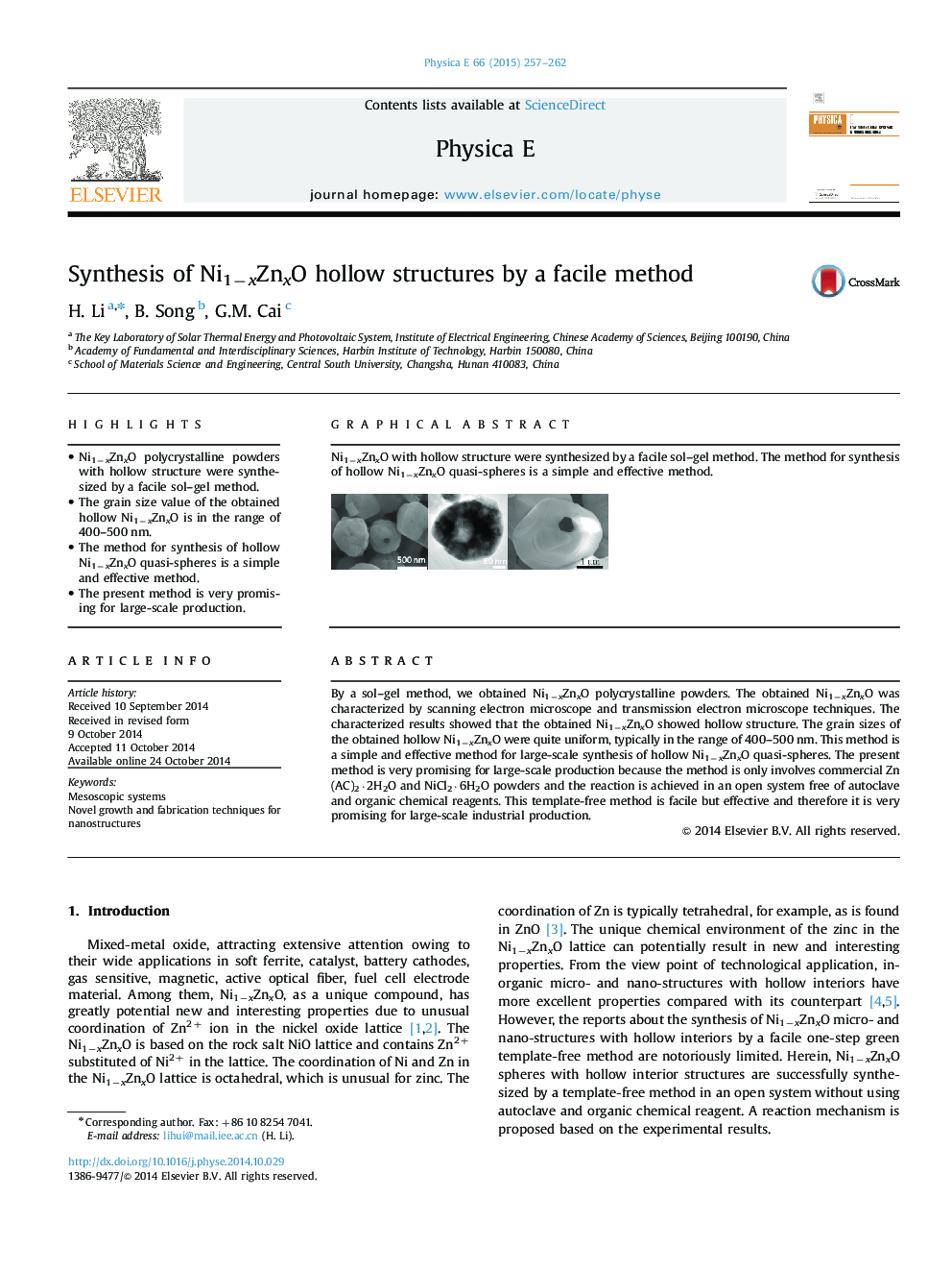 Synthesis of Ni1−xZnxO hollow structures by a facile method