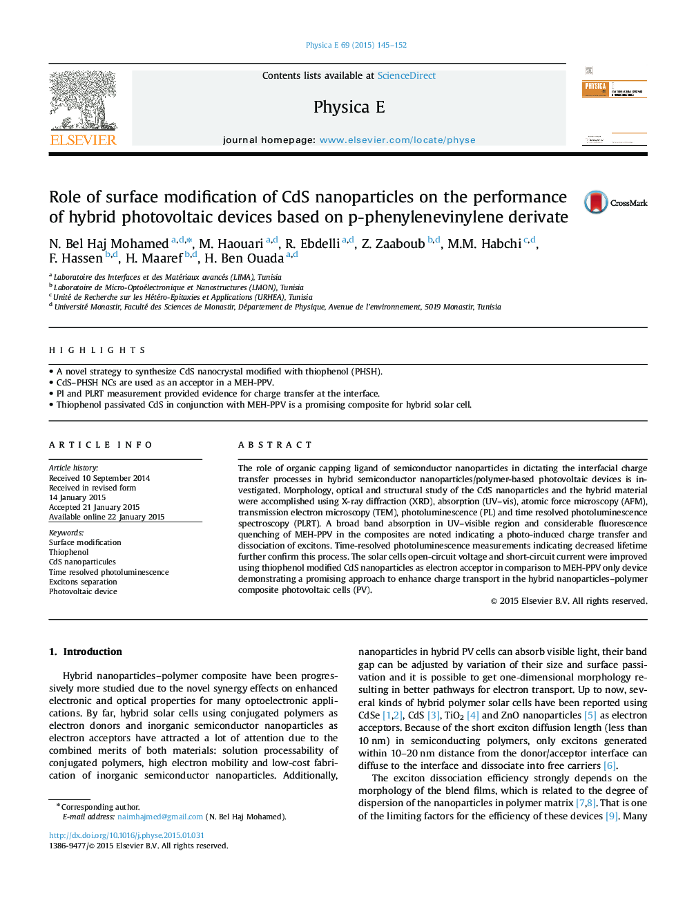 Role of surface modification of CdS nanoparticles on the performance of hybrid photovoltaic devices based on p-phenylenevinylene derivate