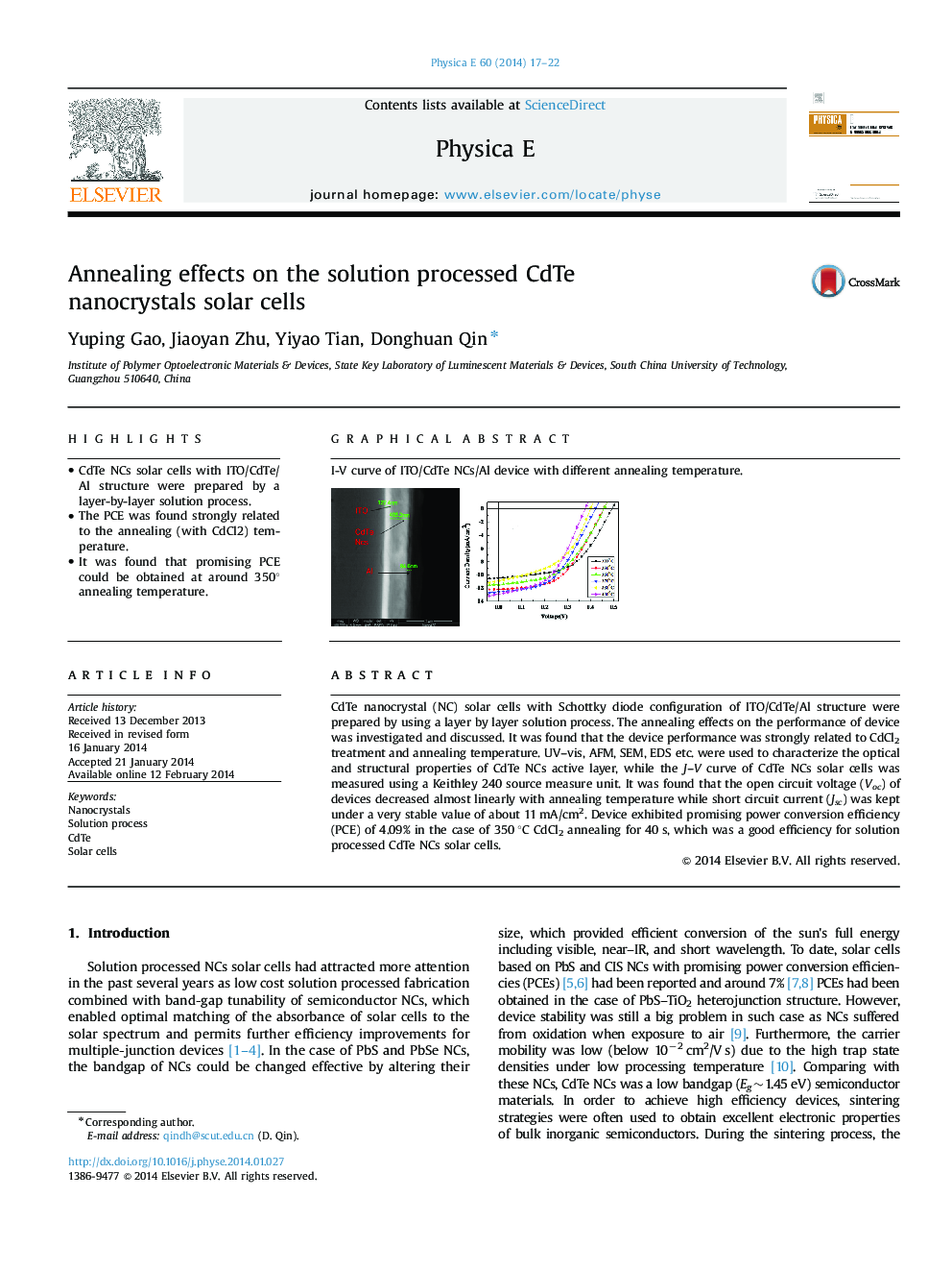 Annealing effects on the solution processed CdTe nanocrystals solar cells