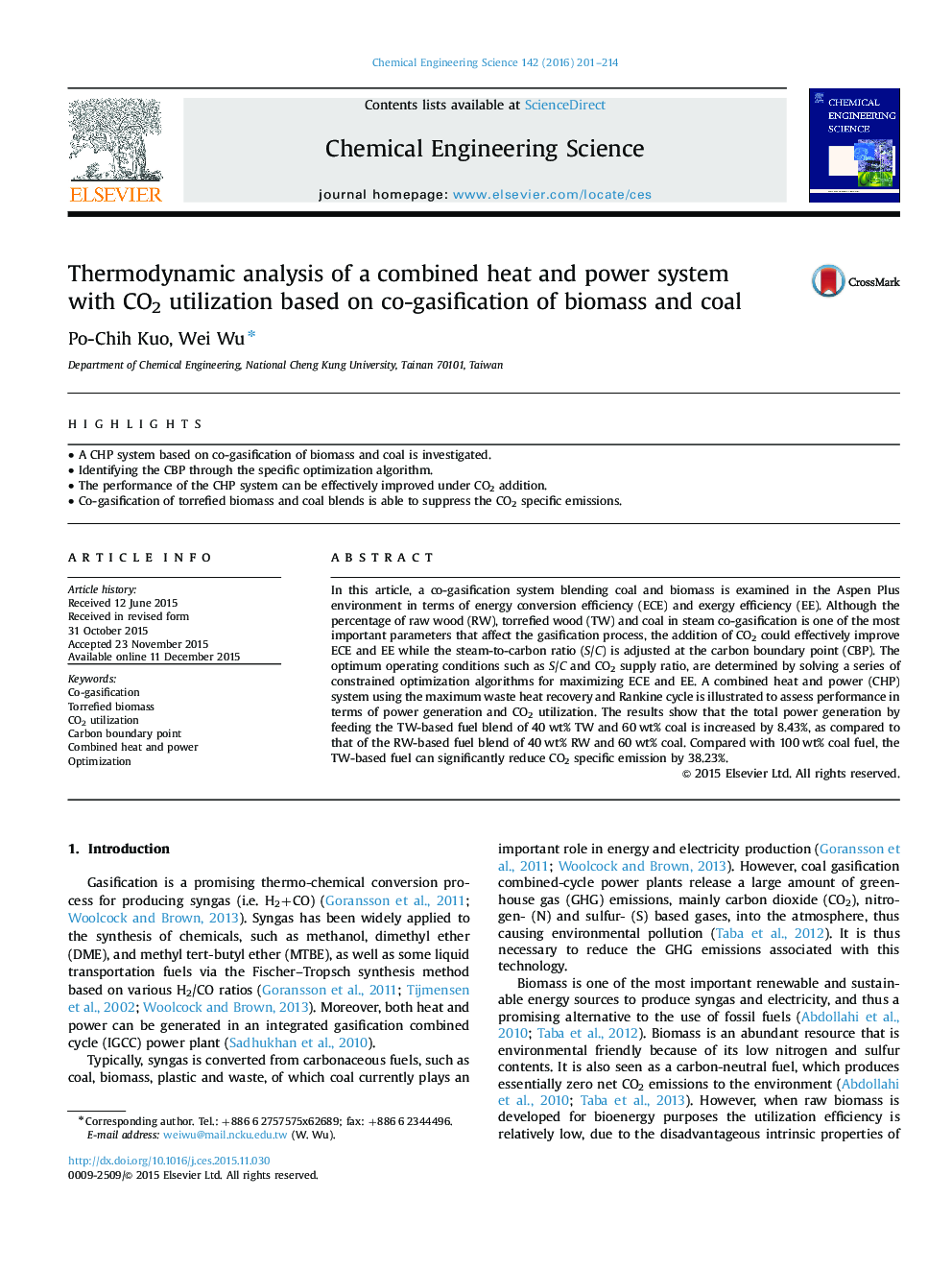 Thermodynamic analysis of a combined heat and power system with CO2 utilization based on co-gasification of biomass and coal