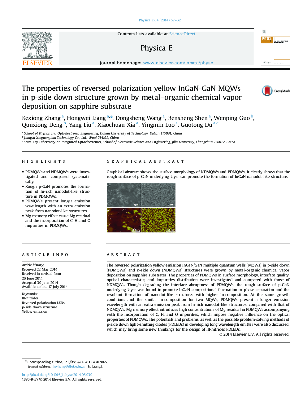 The properties of reversed polarization yellow InGaN-GaN MQWs in p-side down structure grown by metal–organic chemical vapor deposition on sapphire substrate