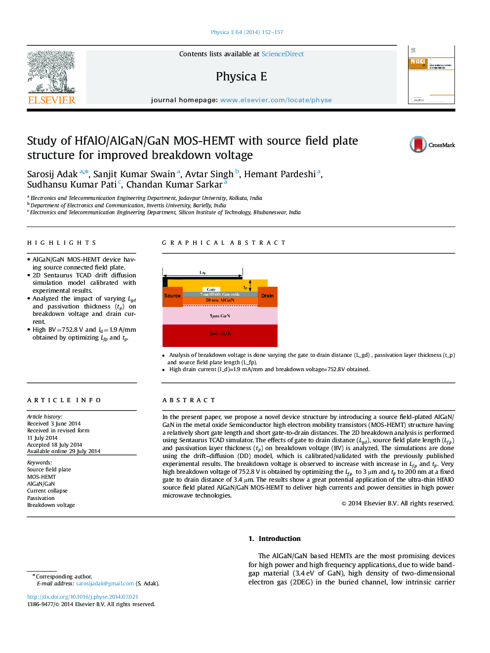 Study of HfAlO/AlGaN/GaN MOS-HEMT with source field plate structure for improved breakdown voltage