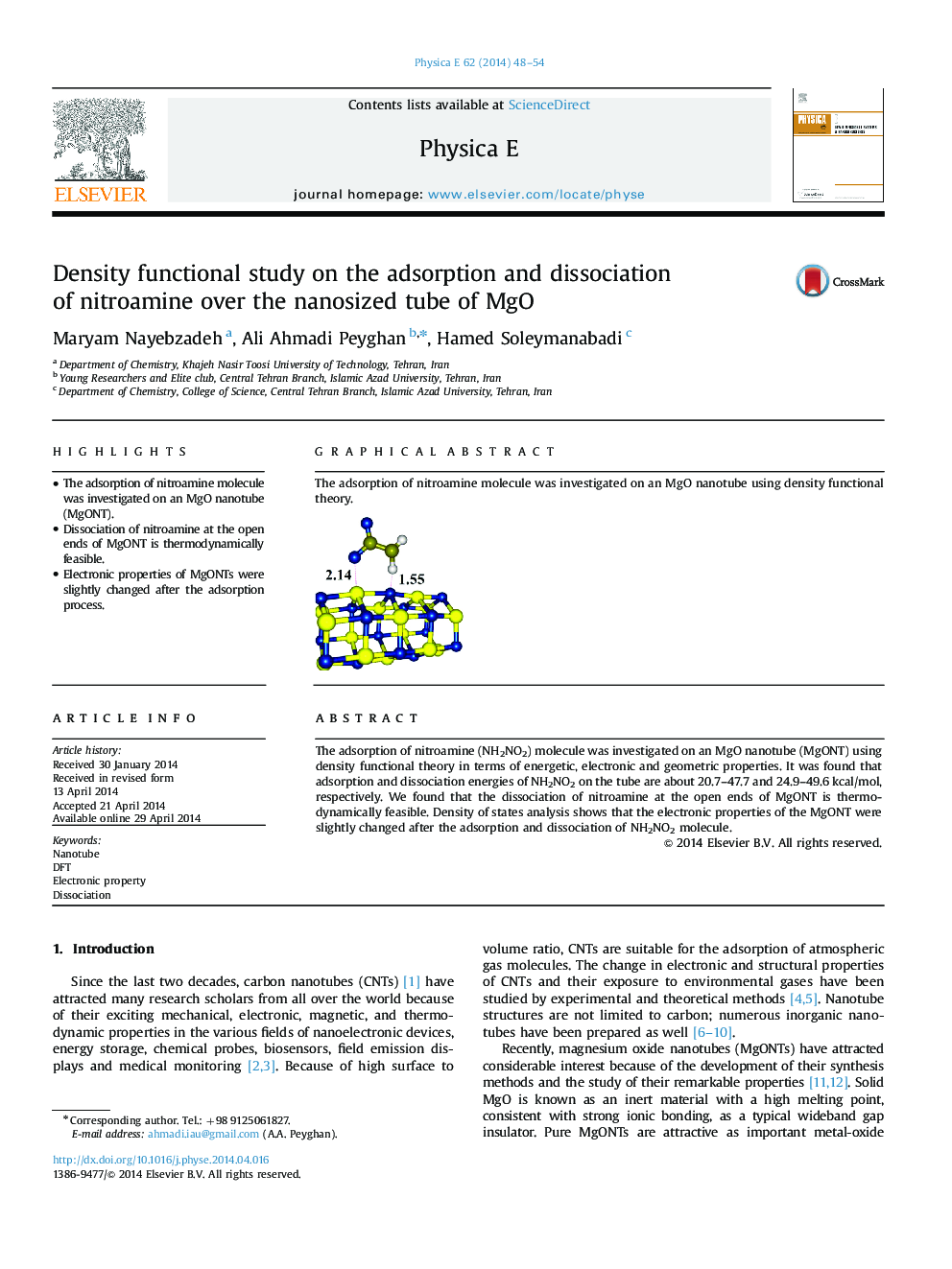 Density functional study on the adsorption and dissociation of nitroamine over the nanosized tube of MgO