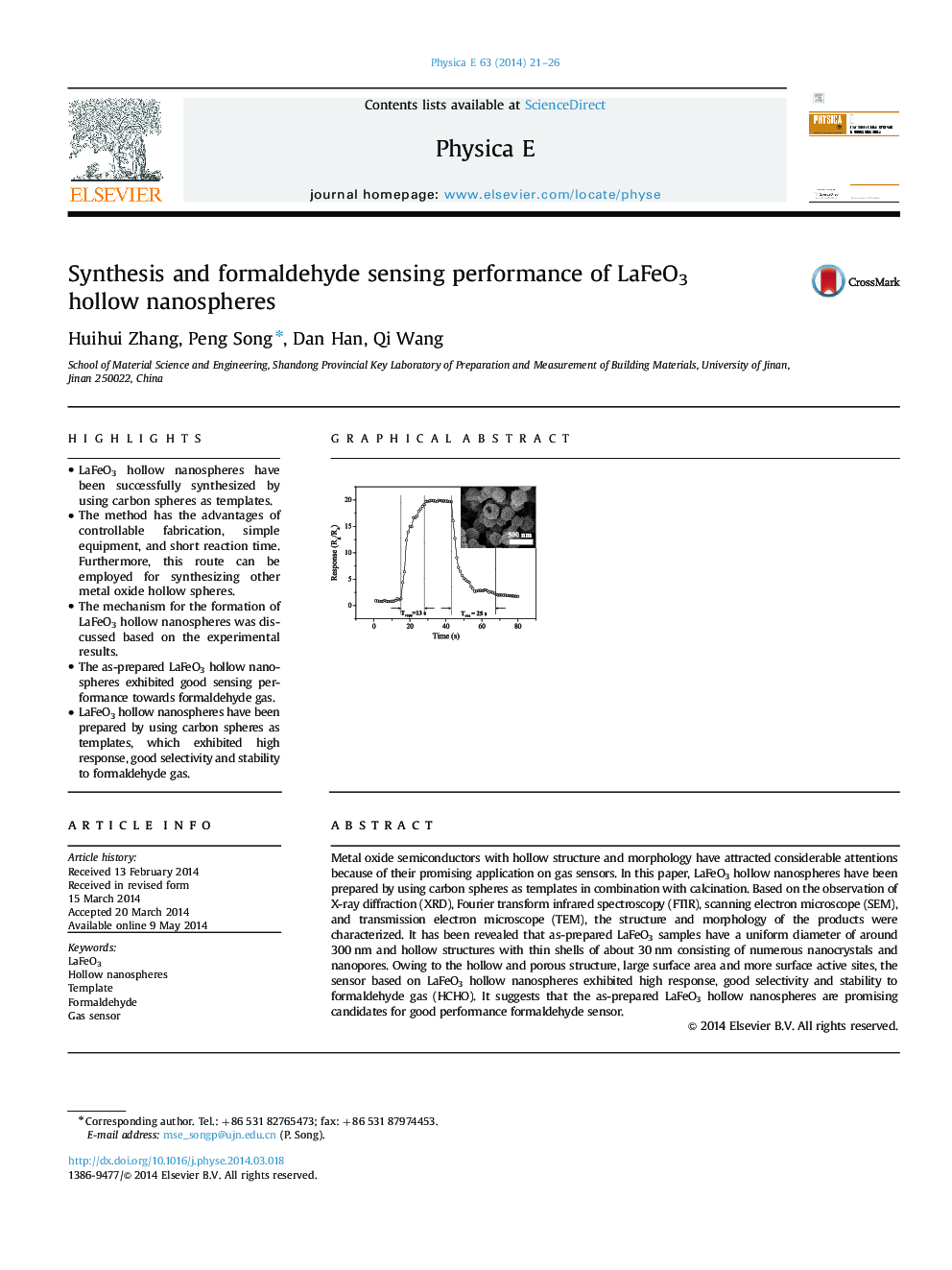 Synthesis and formaldehyde sensing performance of LaFeO3 hollow nanospheres