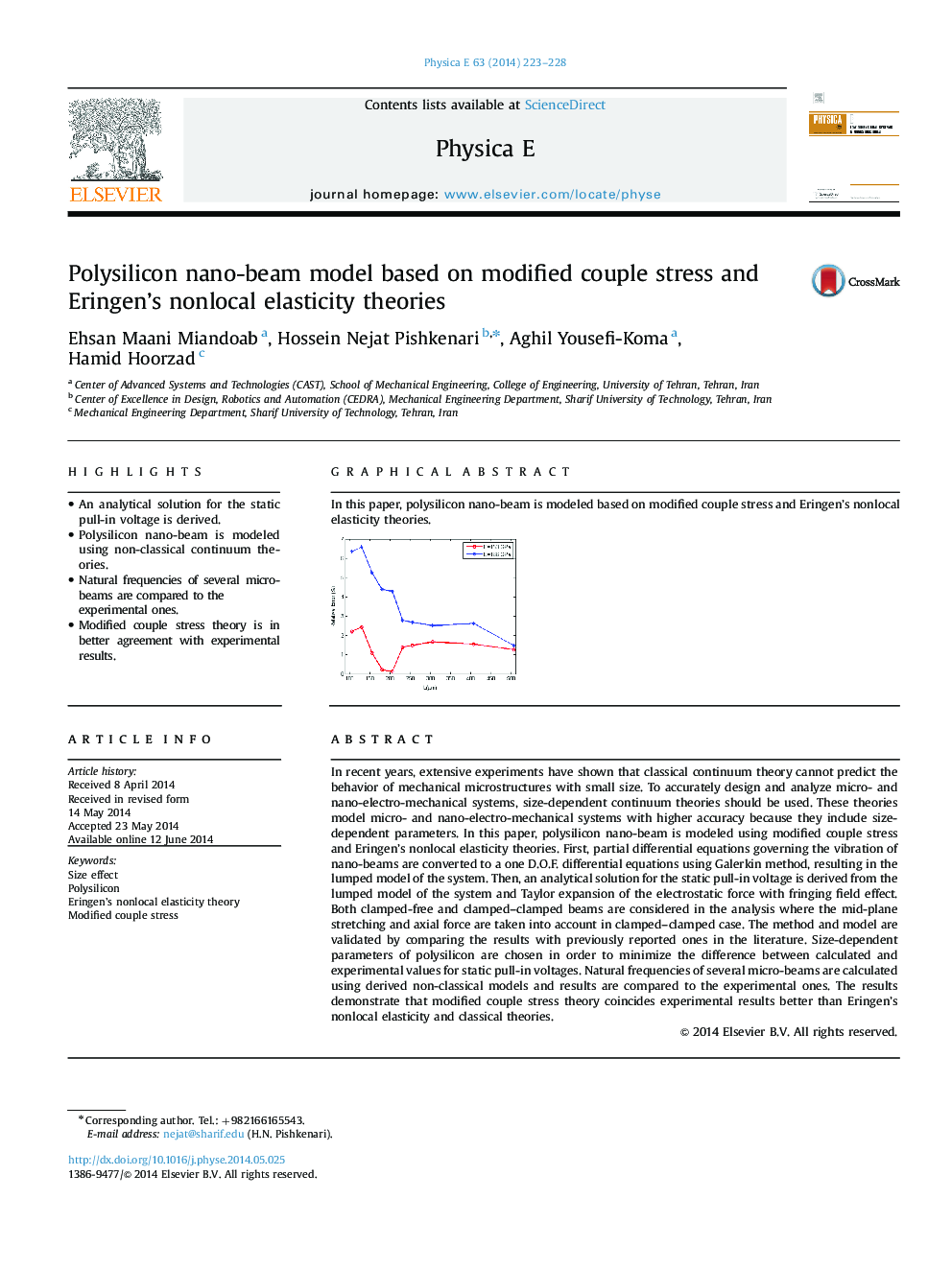 Polysilicon nano-beam model based on modified couple stress and Eringen’s nonlocal elasticity theories