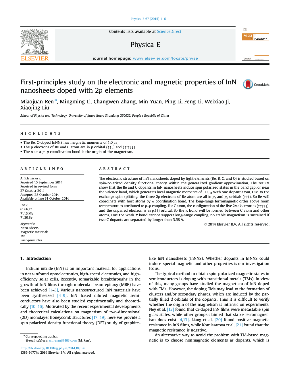 First-principles study on the electronic and magnetic properties of InN nanosheets doped with 2p elements