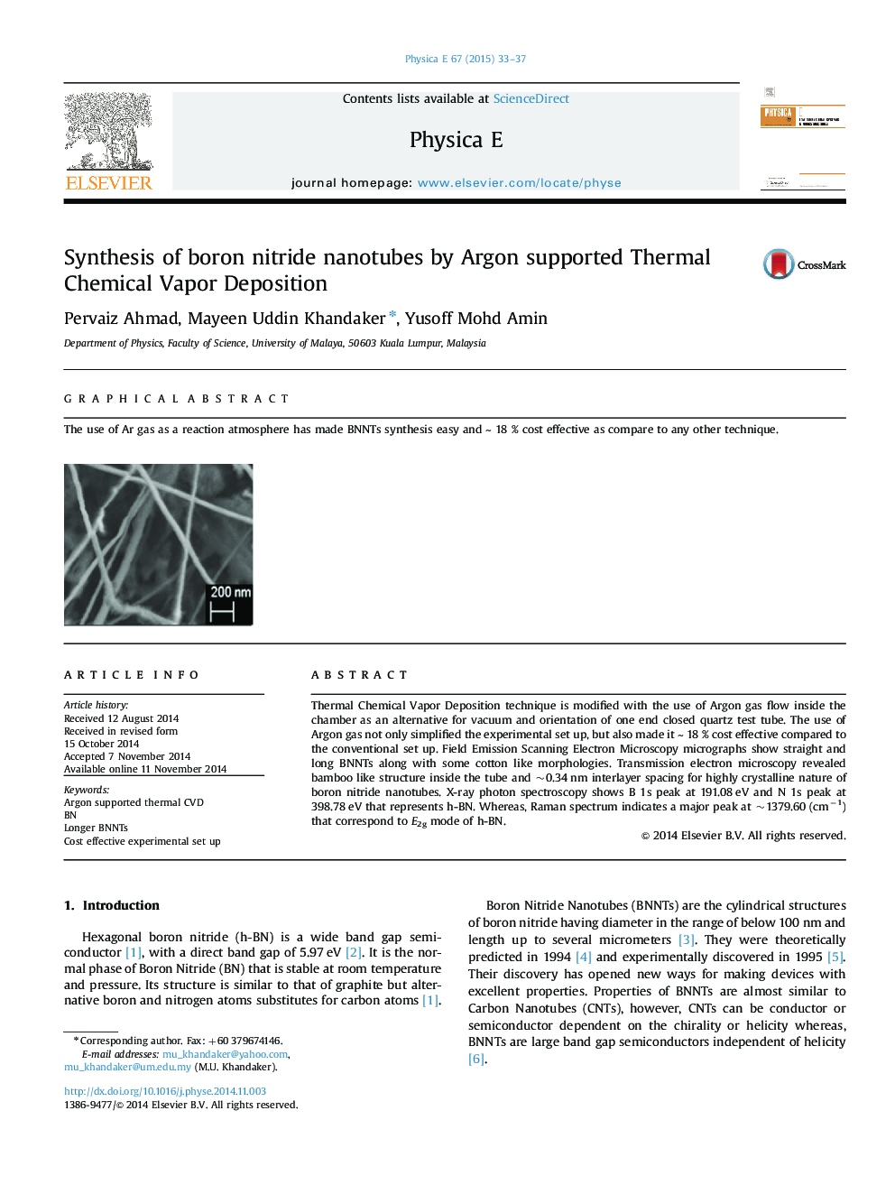 Synthesis of boron nitride nanotubes by Argon supported Thermal Chemical Vapor Deposition