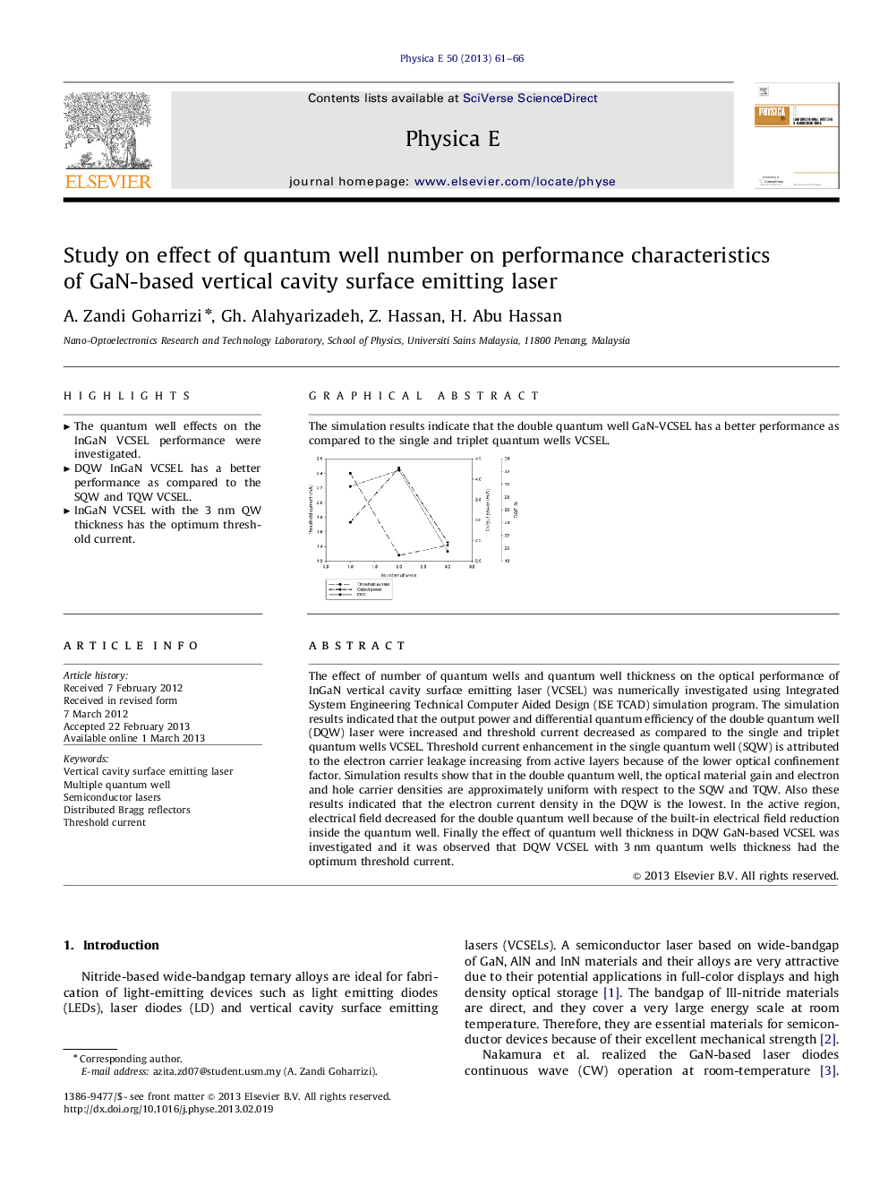 Study on effect of quantum well number on performance characteristics of GaN-based vertical cavity surface emitting laser