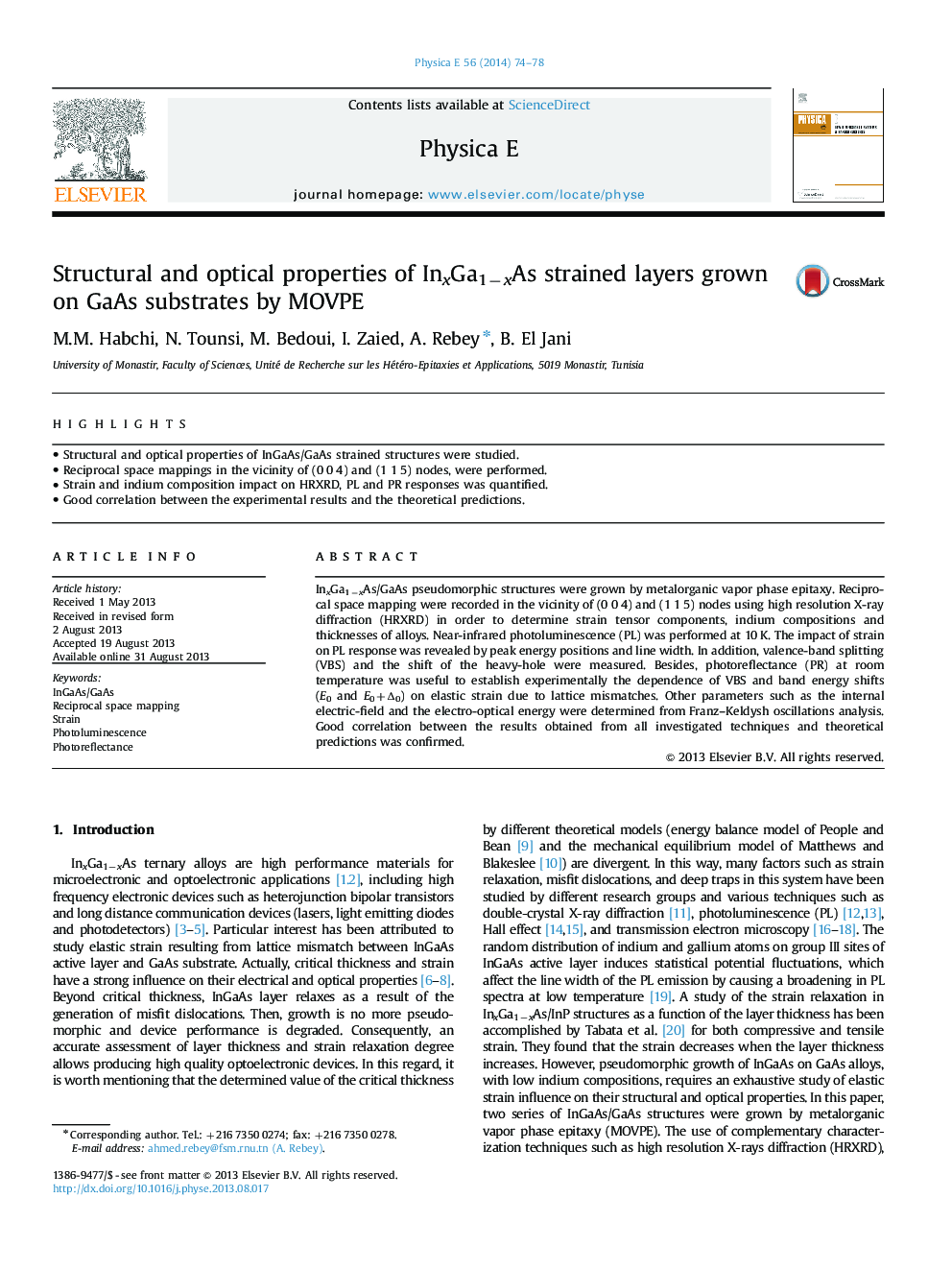 Structural and optical properties of InxGa1−xAs strained layers grown on GaAs substrates by MOVPE