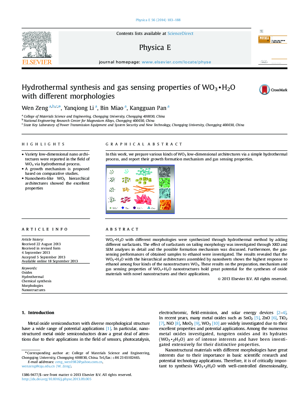 Hydrothermal synthesis and gas sensing properties of WO3H2O with different morphologies