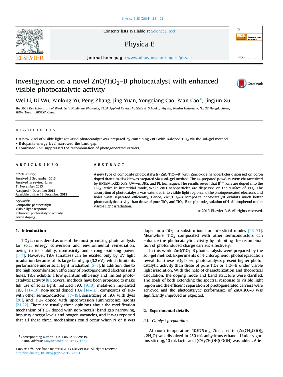 Investigation on a novel ZnO/TiO2–B photocatalyst with enhanced visible photocatalytic activity