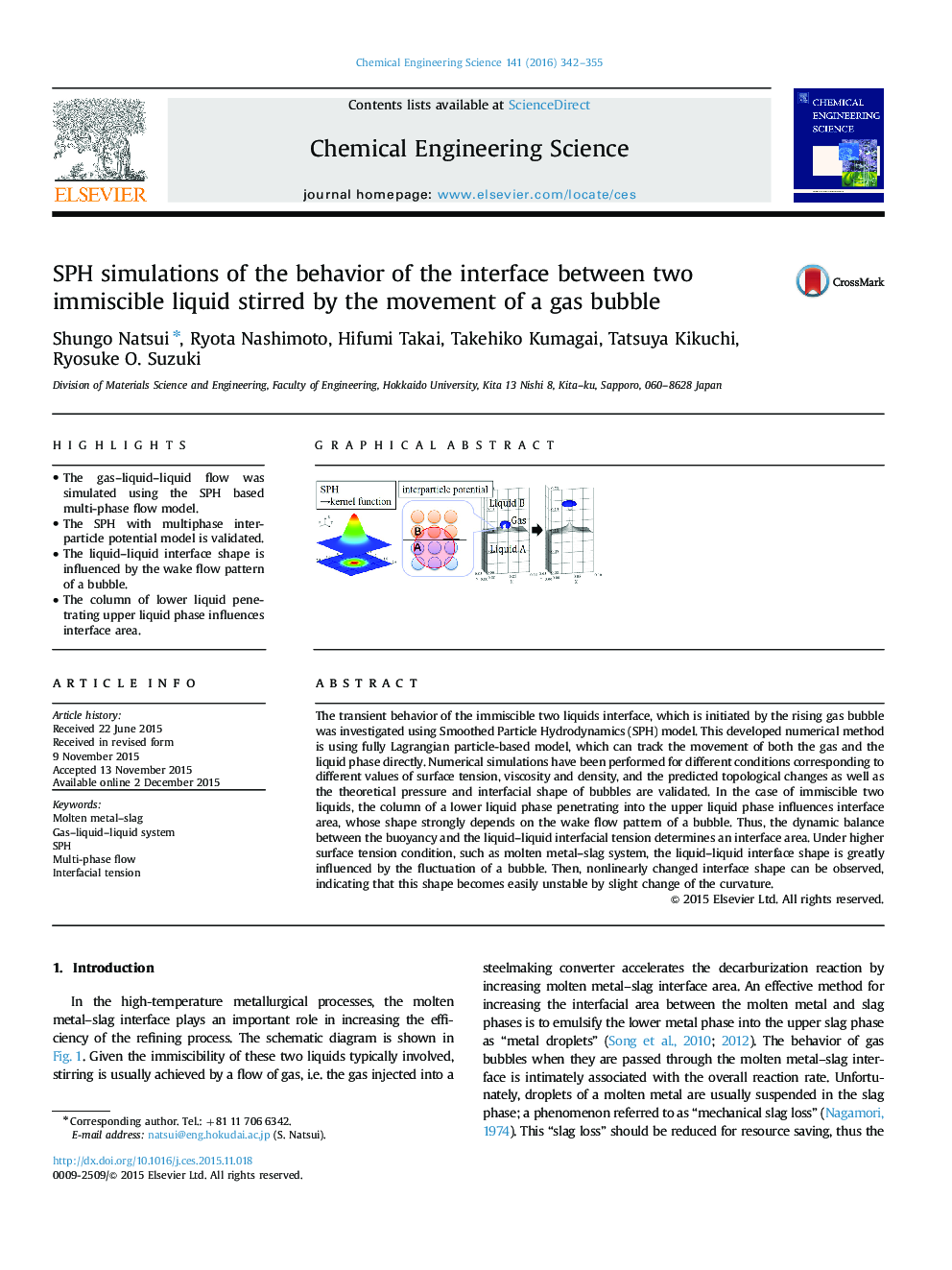 SPH simulations of the behavior of the interface between two immiscible liquid stirred by the movement of a gas bubble