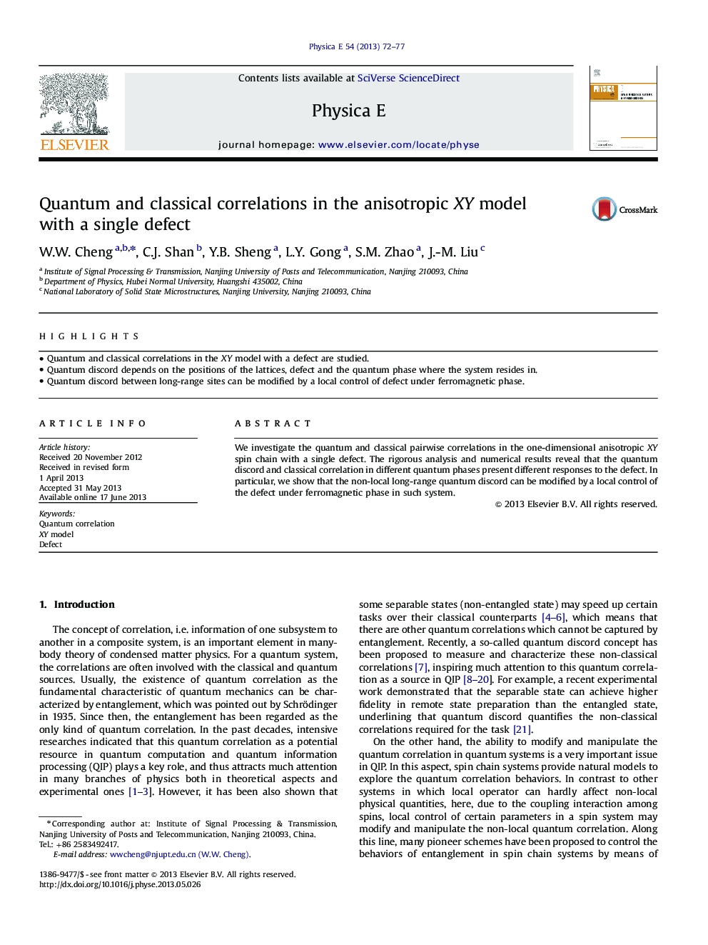 Quantum and classical correlations in the anisotropic XY model with a single defect