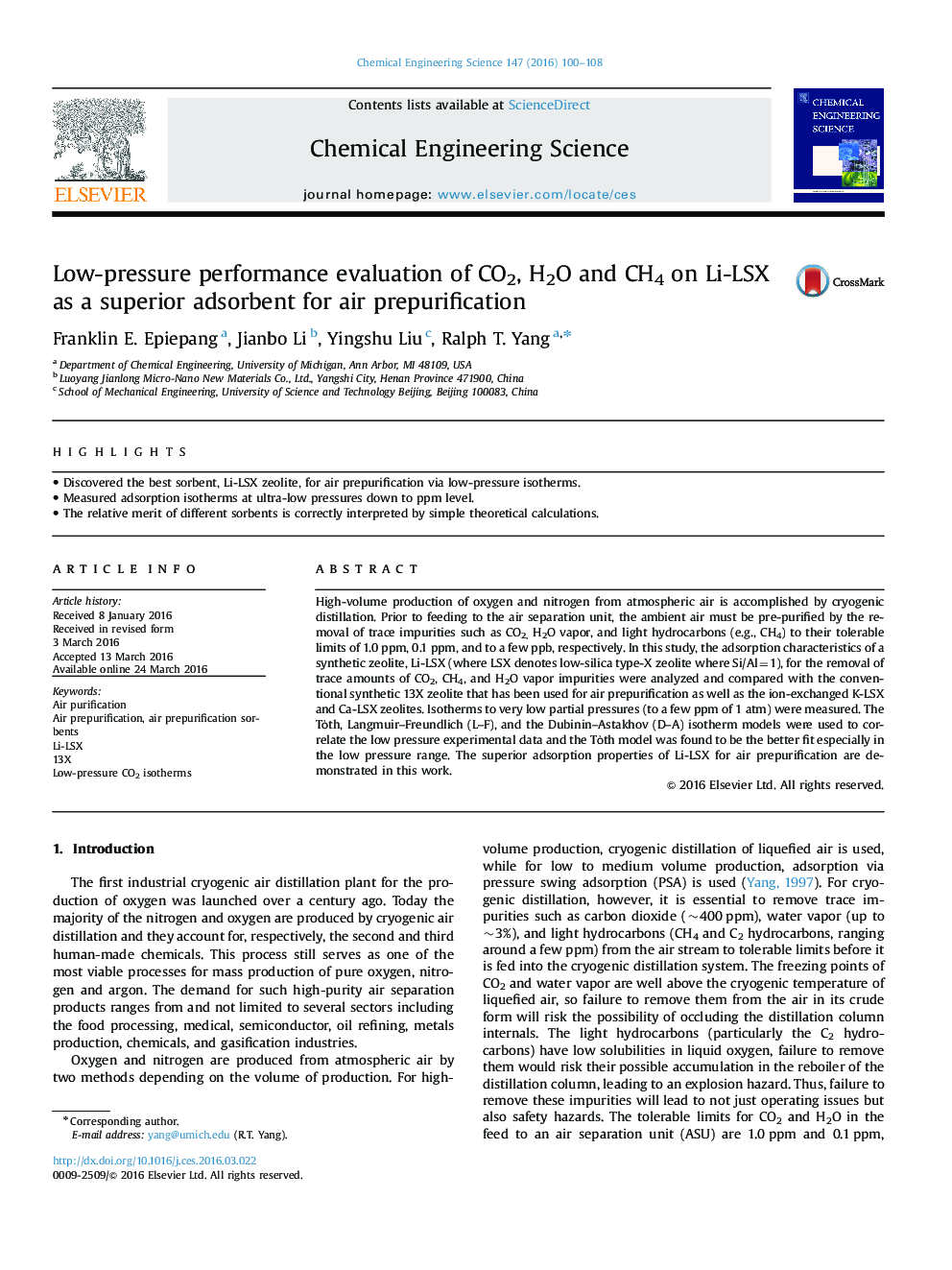Low-pressure performance evaluation of CO2, H2O and CH4 on Li-LSX as a superior adsorbent for air prepurification