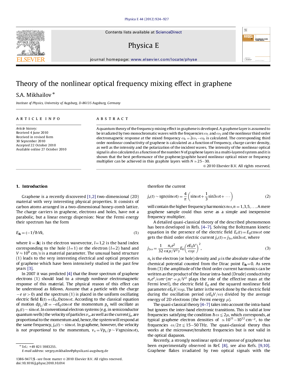 عکس صفحه اول مقاله: Theory of the nonlinear optical frequency mixing effect in graphene Theory of the nonlinear optical frequency mixing effect in graphene