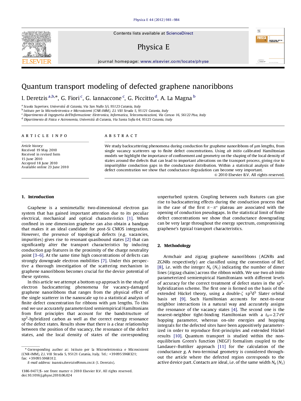 عکس صفحه اول مقاله: Quantum transport modeling of defected graphene nanoribbons Quantum transport modeling of defected graphene nanoribbons