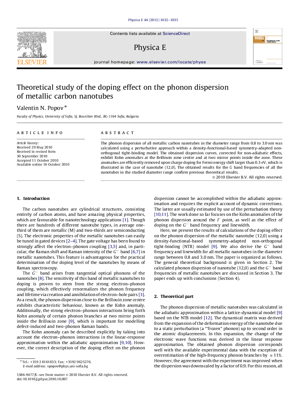 عکس صفحه اول مقاله: Theoretical study of the doping effect on the phonon dispersion of metallic carbon nanotubes Theoretical study of the doping effect on the phonon dispersion of metallic carbon nanotubes