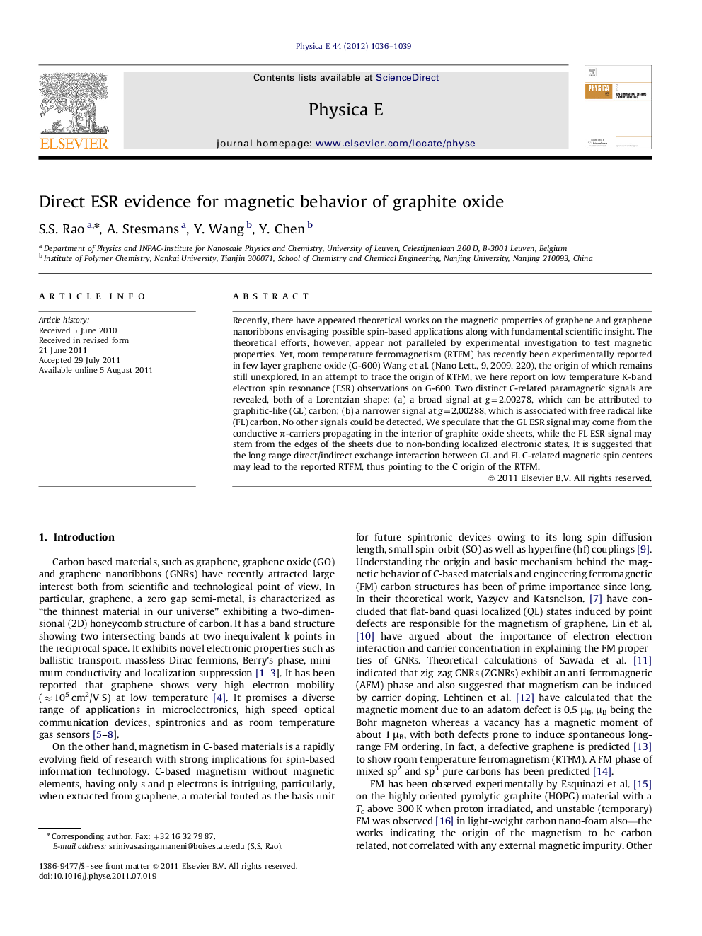 عکس صفحه اول مقاله: Direct ESR evidence for magnetic behavior of graphite oxide Direct ESR evidence for magnetic behavior of graphite oxide