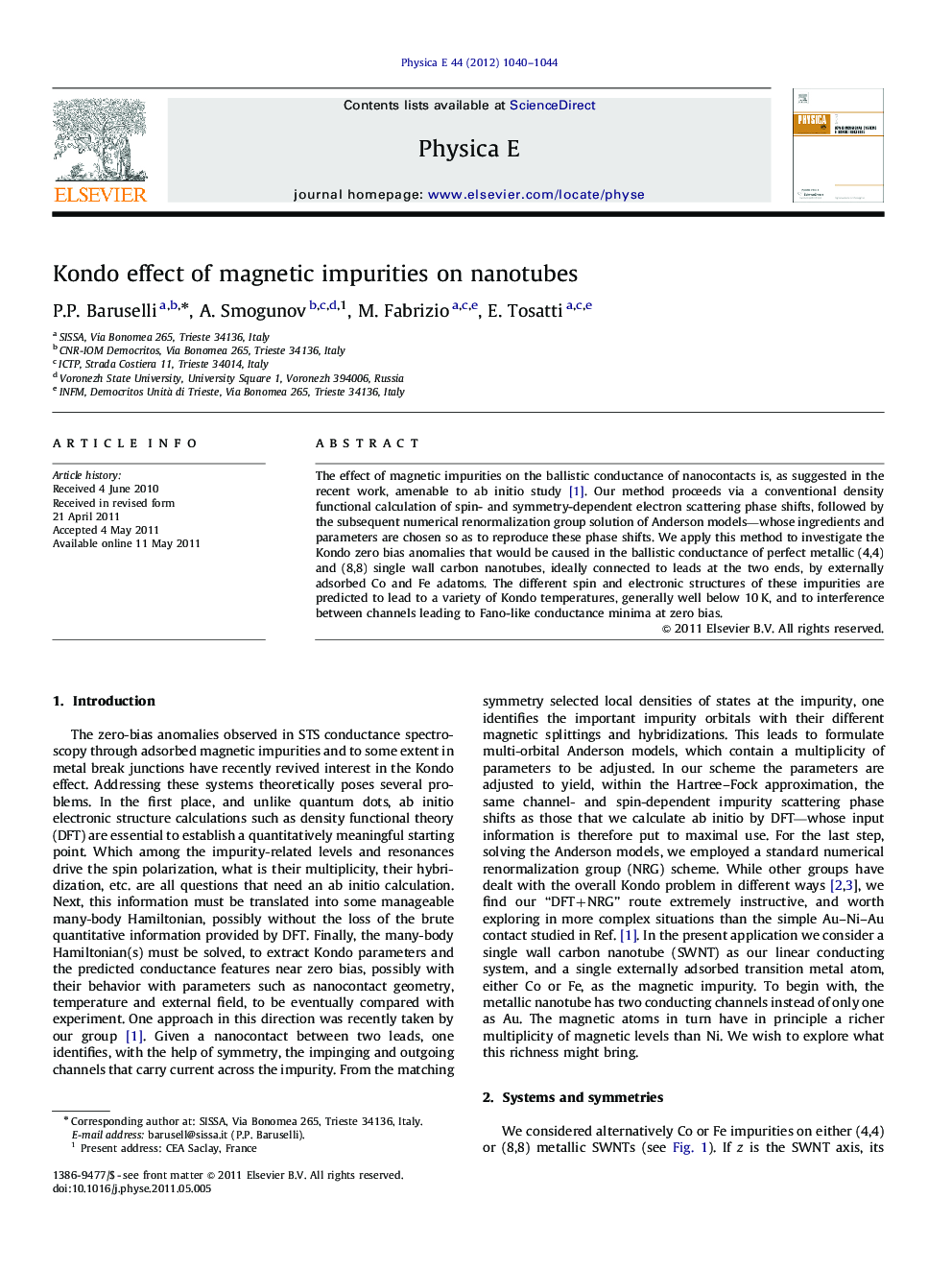 عکس صفحه اول مقاله: Kondo effect of magnetic impurities on nanotubes Kondo effect of magnetic impurities on nanotubes
