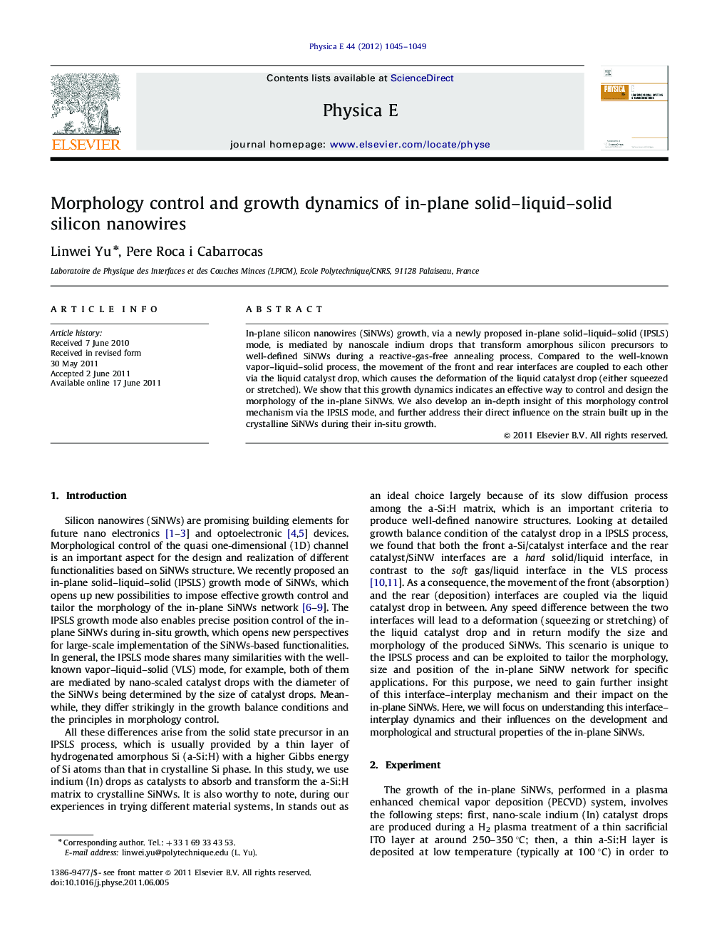 عکس صفحه اول مقاله: Morphology control and growth dynamics of in-plane solid–liquid–solid silicon nanowires Morphology control and growth dynamics of in-plane solid–liquid–solid silicon nanowires
